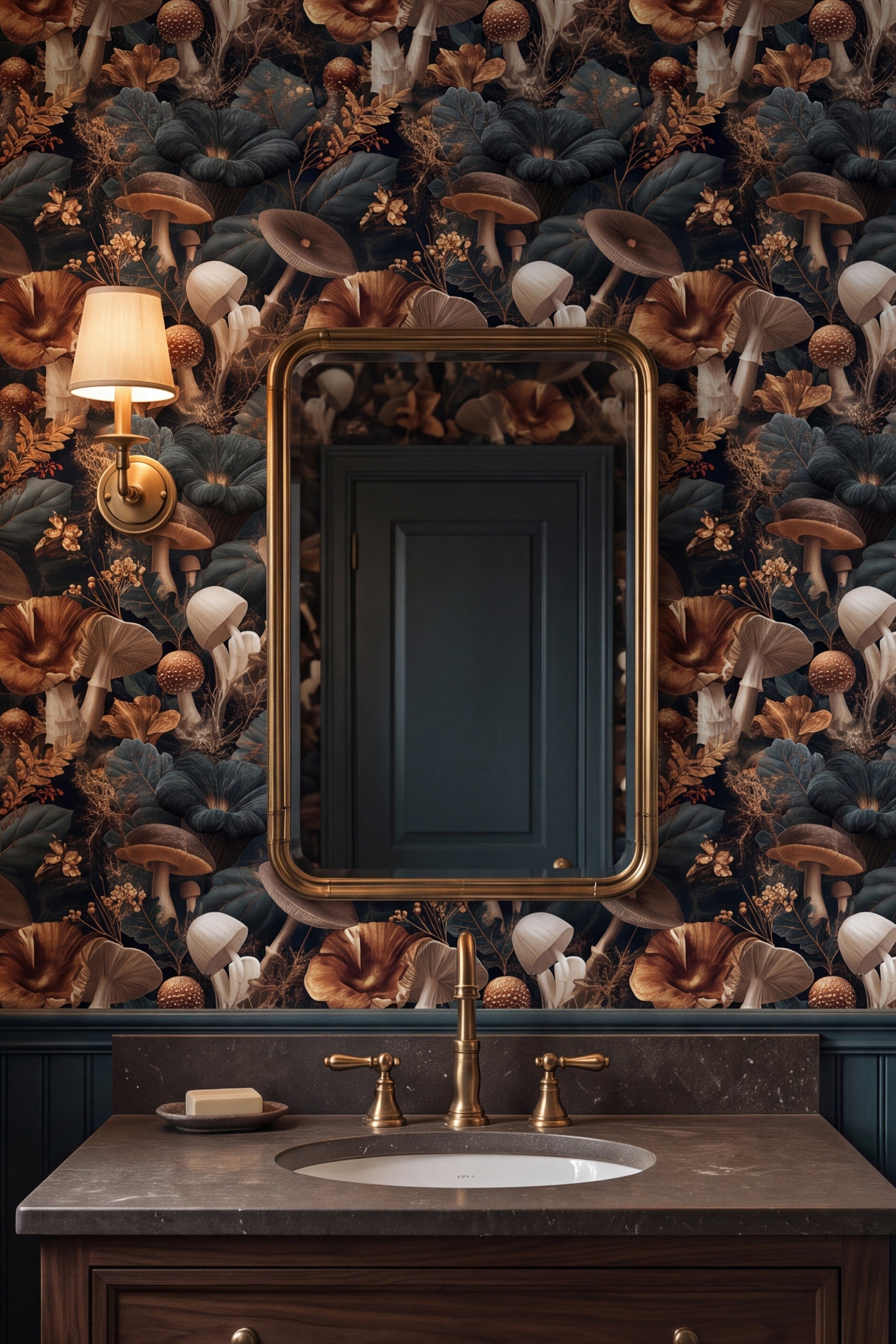 Parasol Grove wallpaper shown in a bathroom