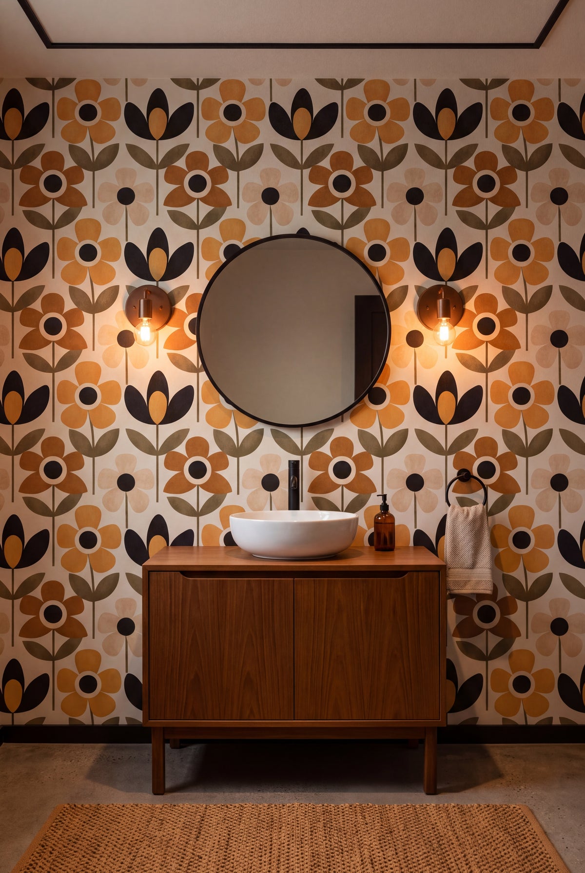 Marmalade Mod wallpaper shown in a powder room