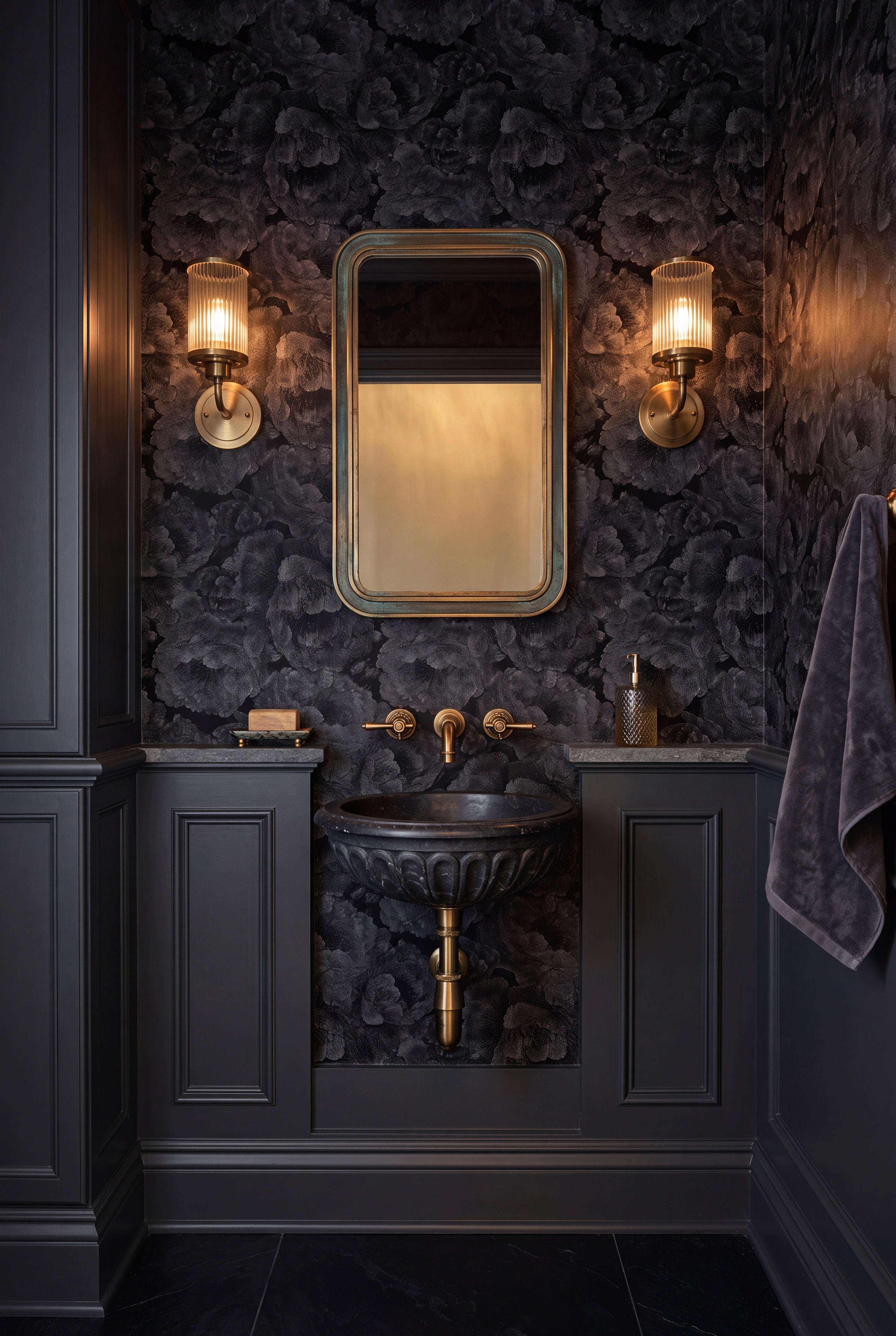 Peony Noir wallpaper shown in a powder room