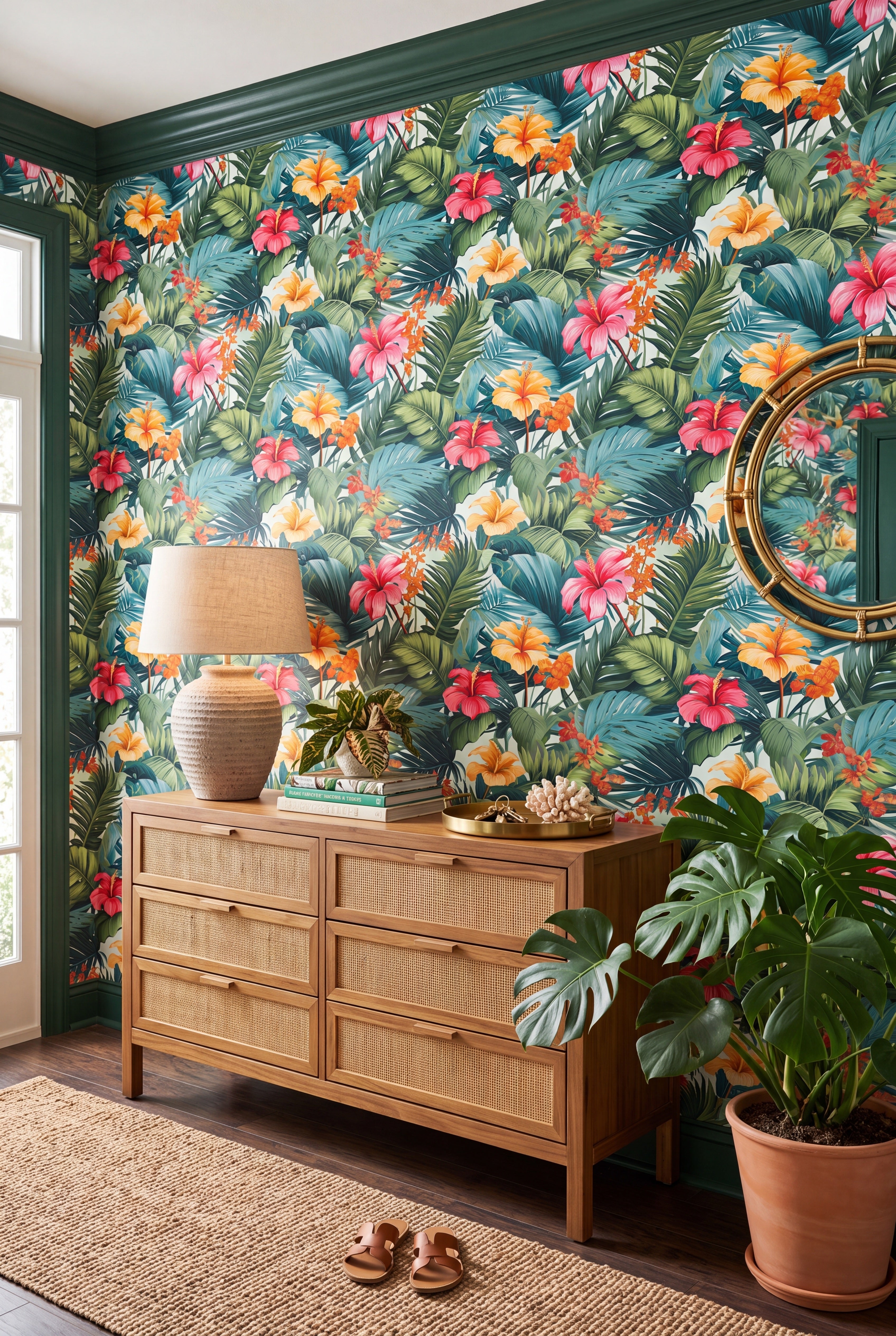 Jungle Club wallpaper shown in an entryway