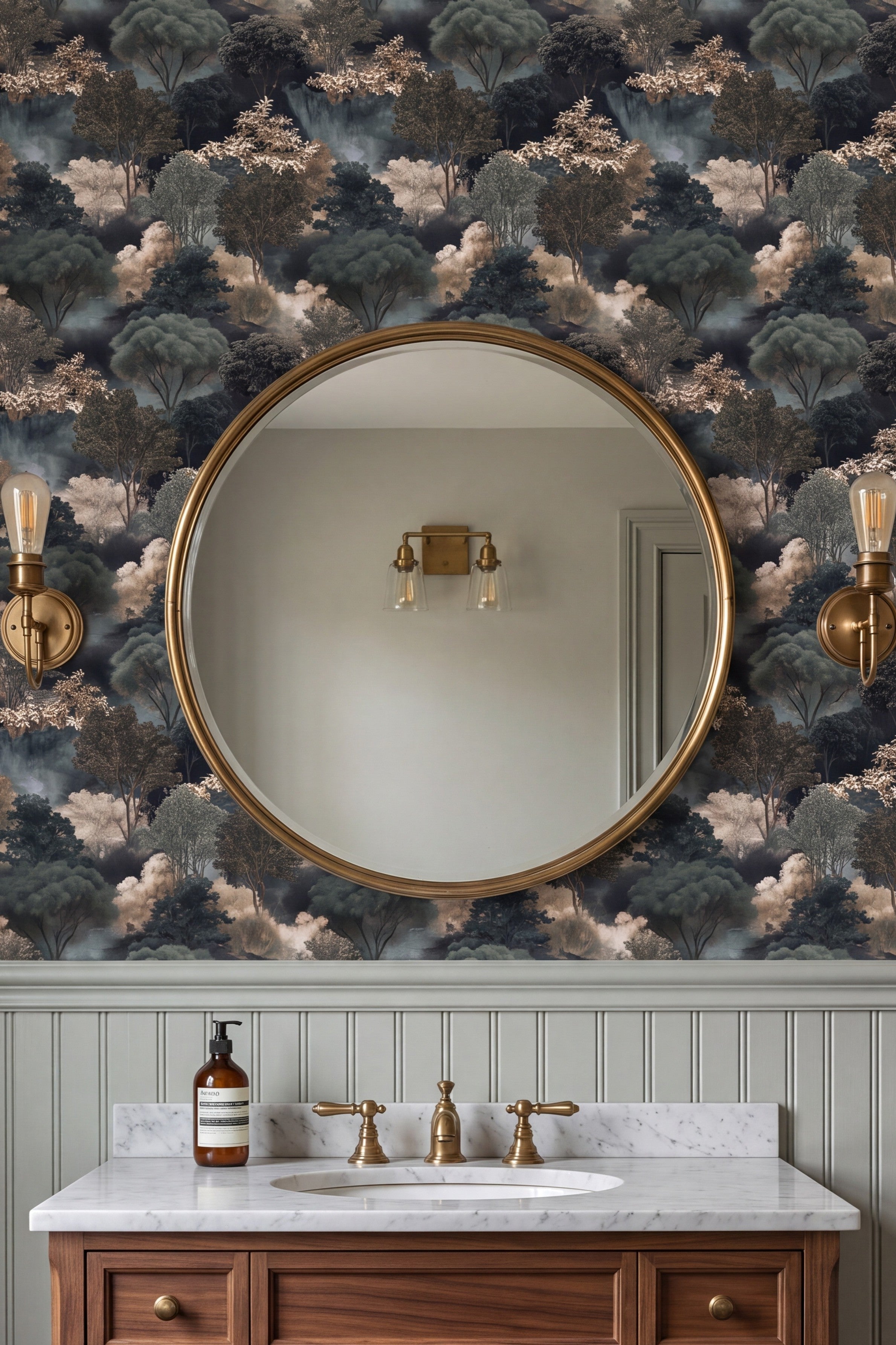 Silver Arbor wallpaper shown in a bathroom