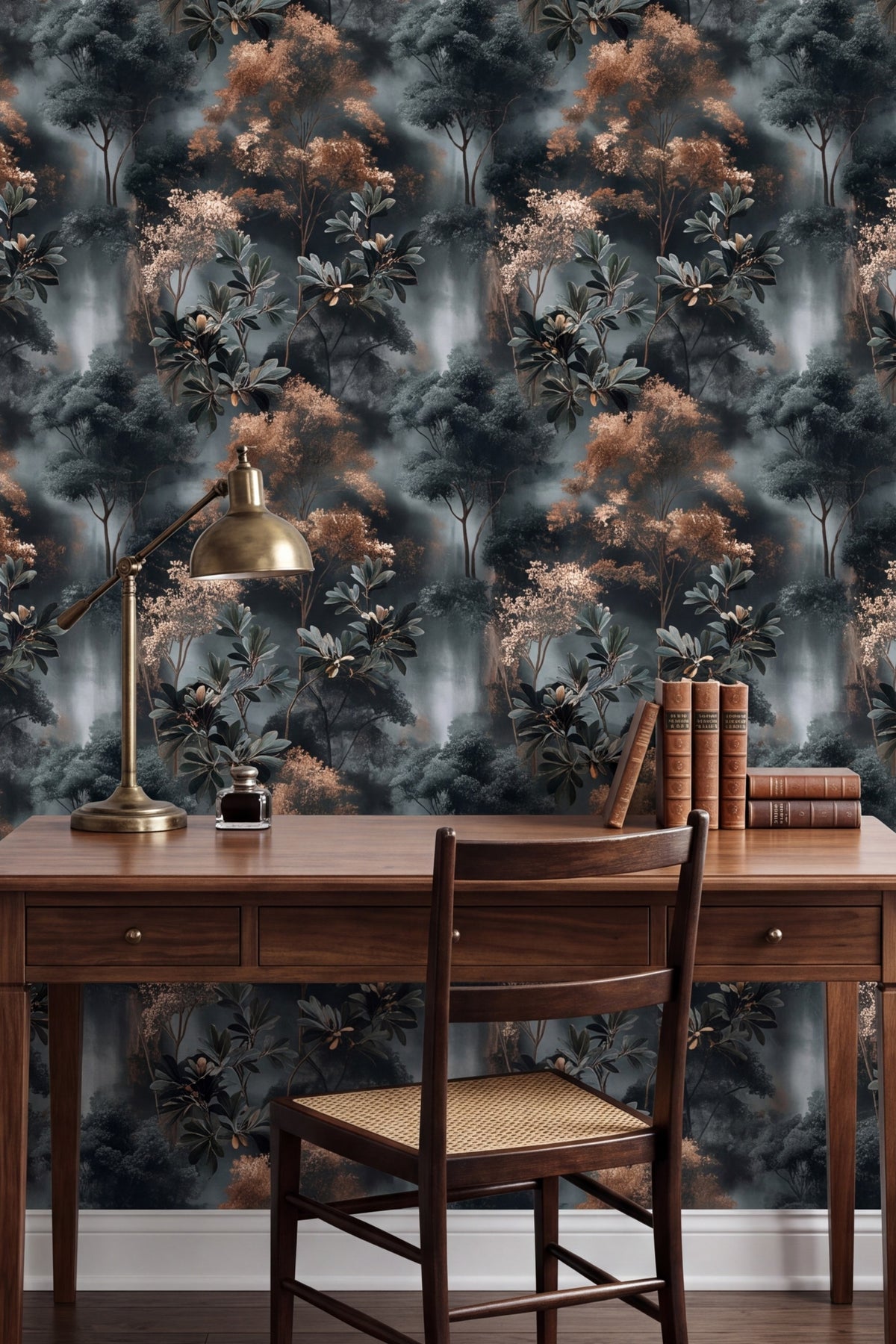 Copper Magnolia wallpaper shown in a home office