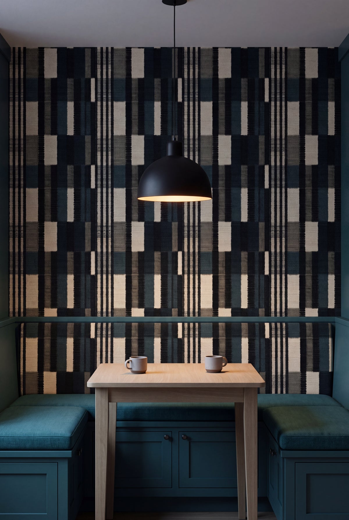 Cinder Stripe wallpaper shown in a kitchen breakfast nook