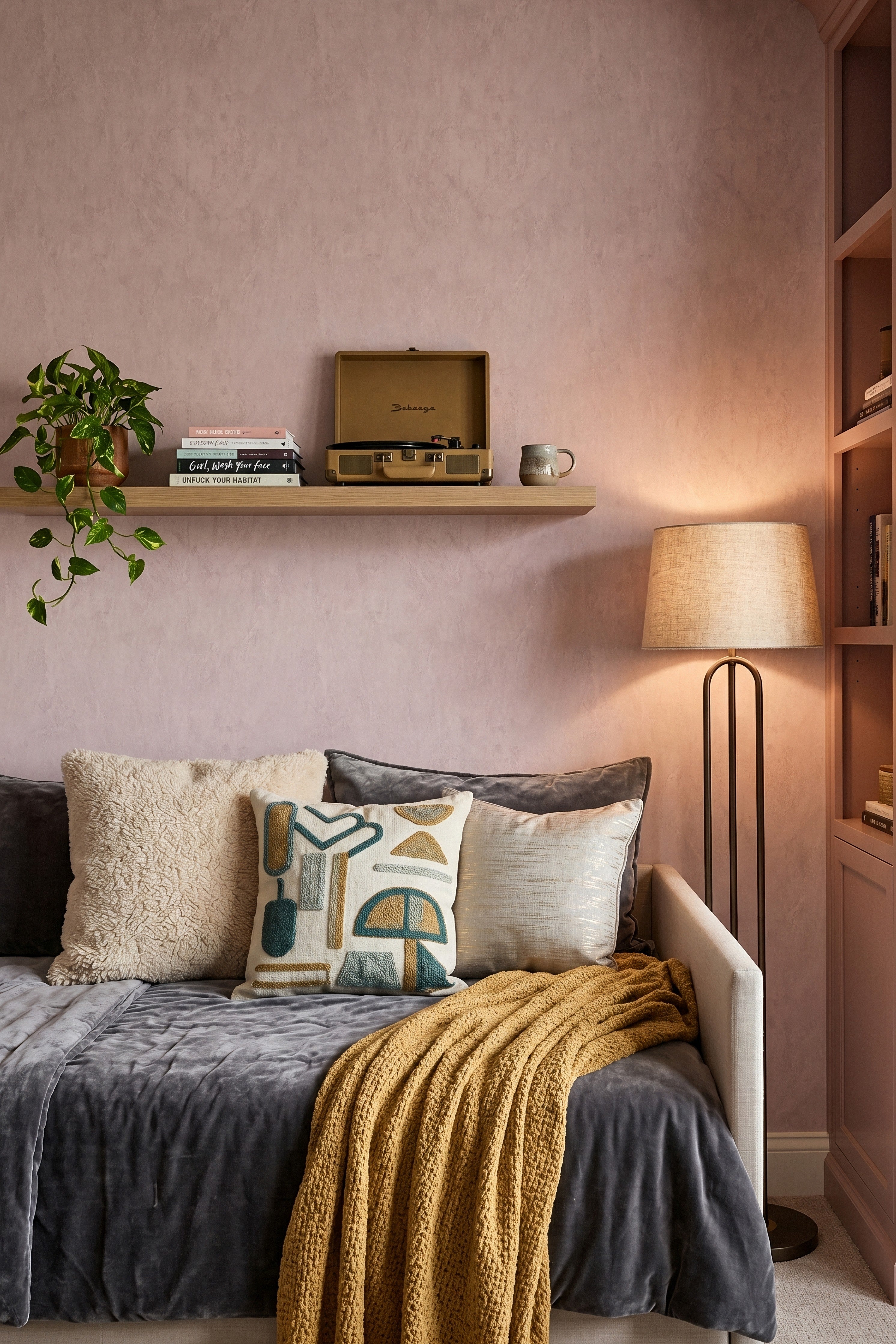 Blush Fresco wallpaper shown in a living room