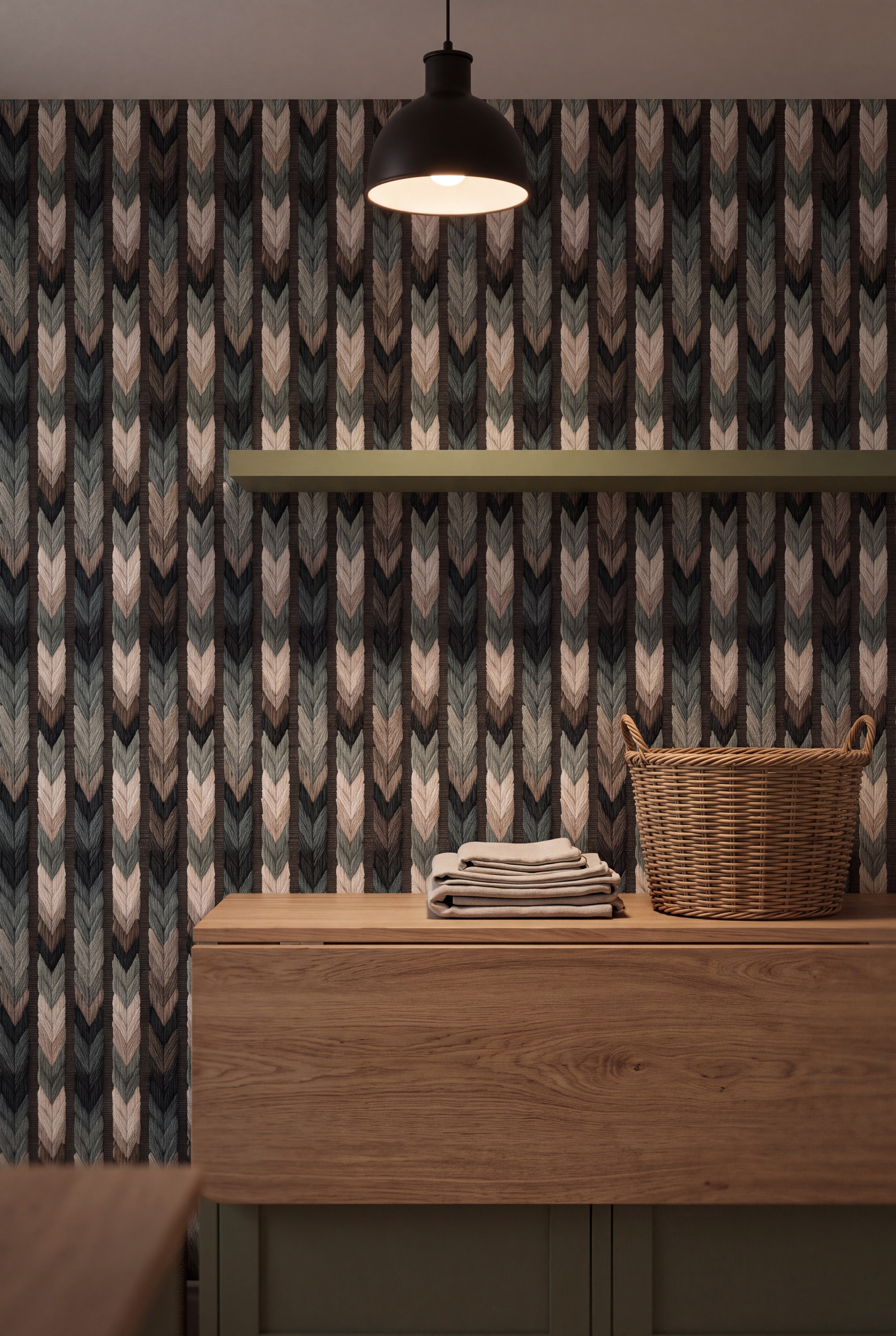 Fern Chevron wallpaper shown in a laundry room