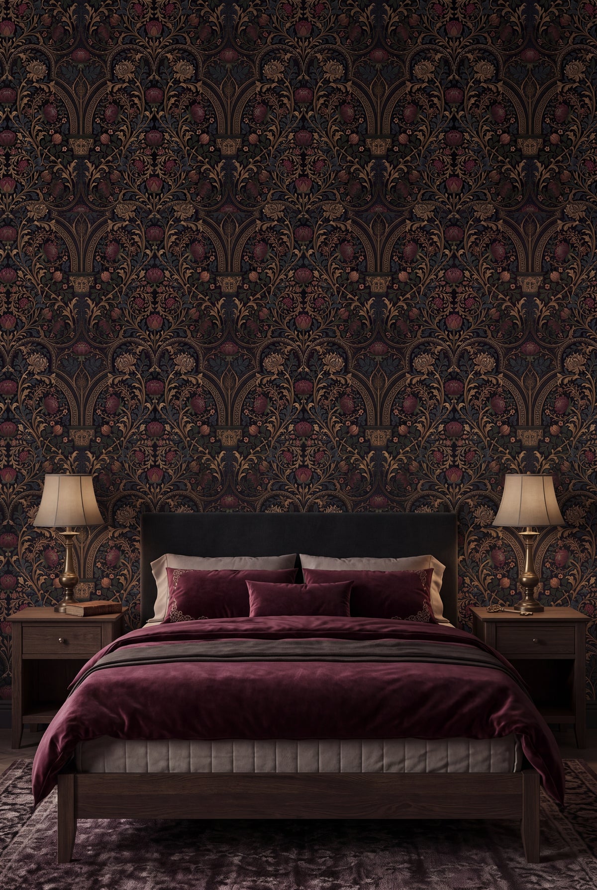 Cloister Vault wallpaper shown in a bedroom