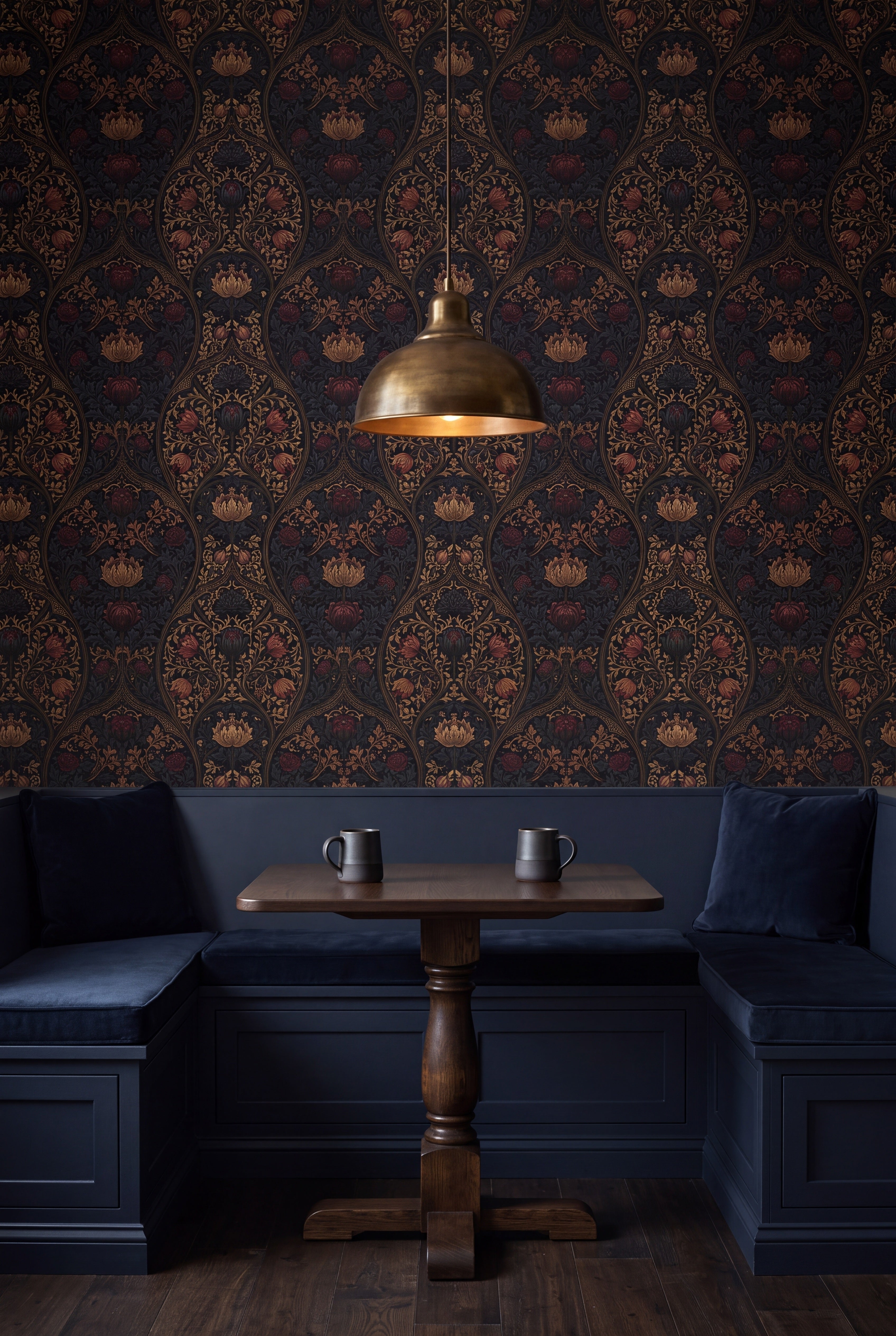 Chalice Damask wallpaper shown in a kitchen breakfast nook