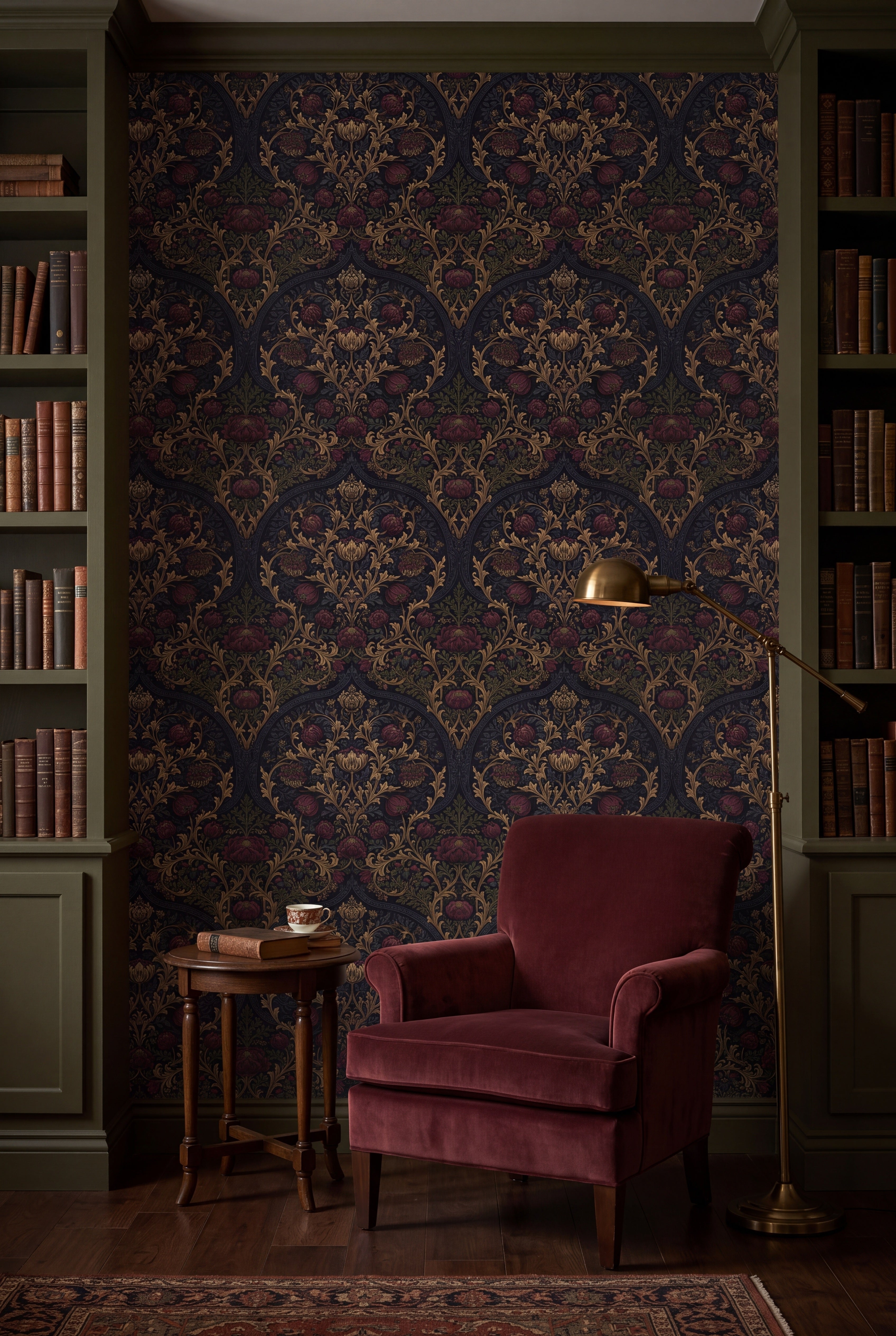 Chancel Bloom wallpaper shown in a reading nook