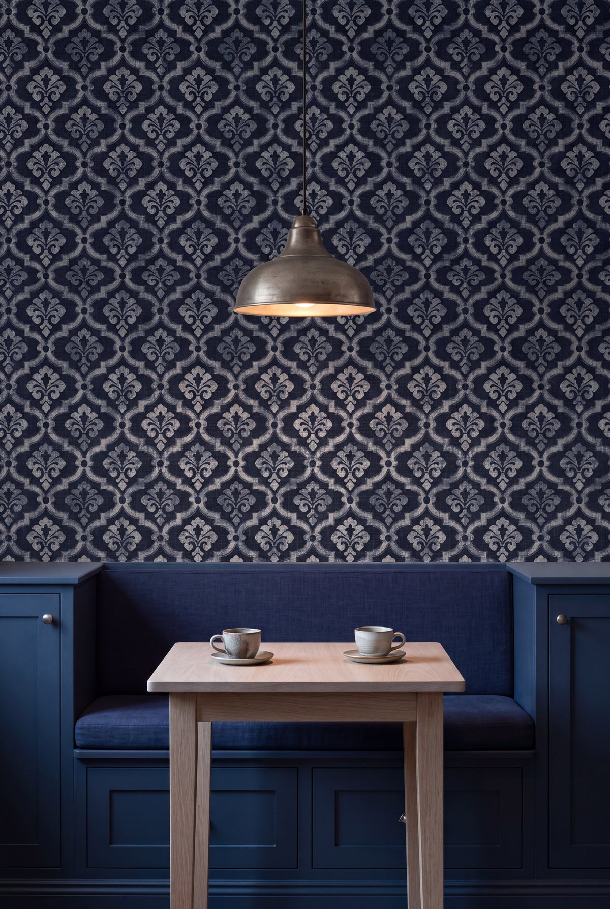 Indigo Fleur wallpaper shown in a kitchen breakfast nook