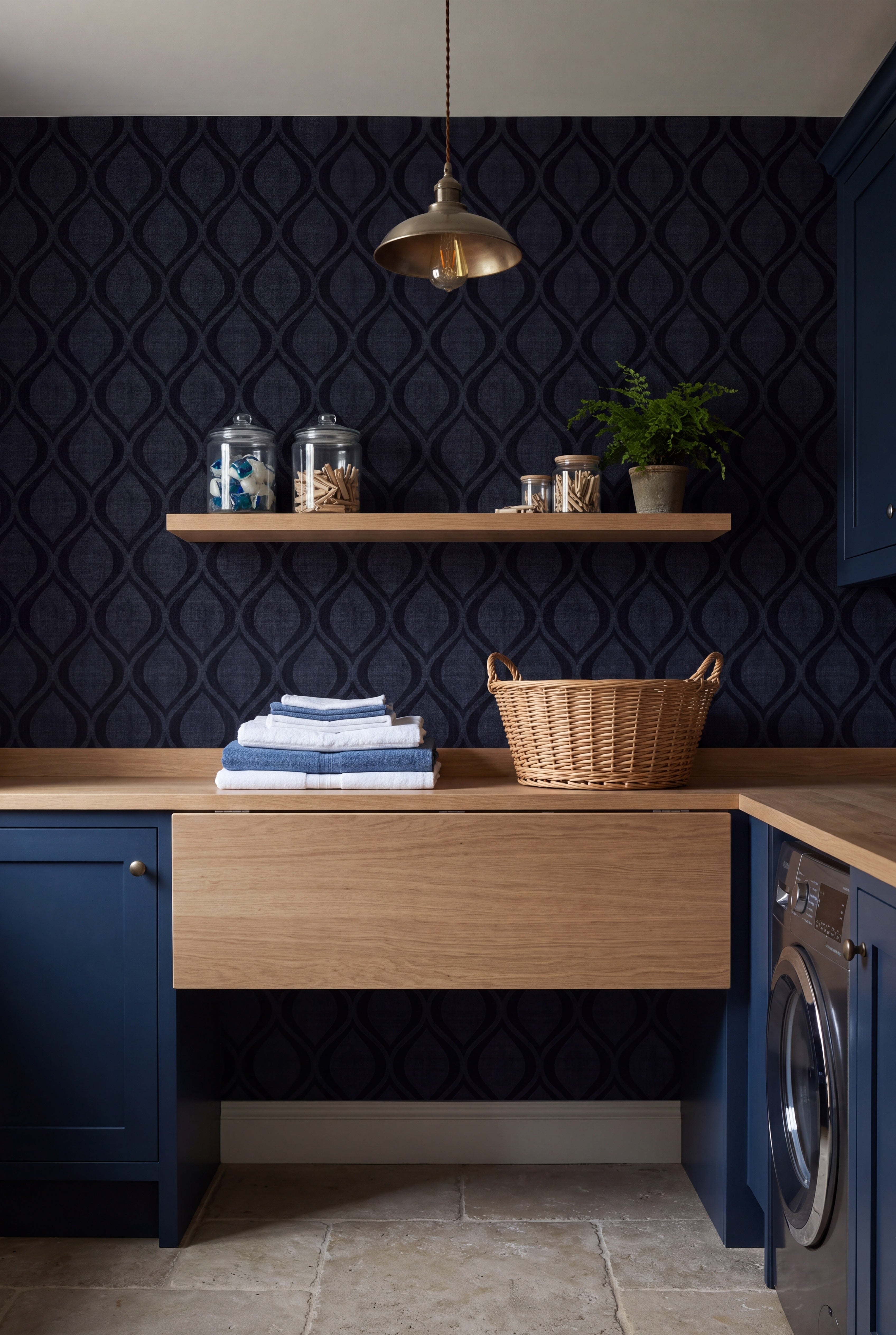 Midnight Ogee wallpaper shown in a laundry room