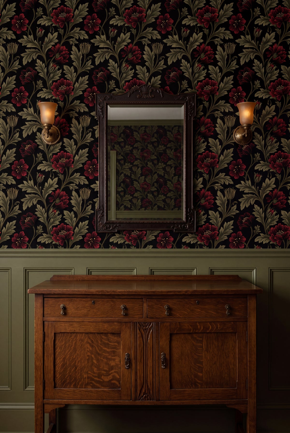 Ember Poppy wallpaper shown in a dining room