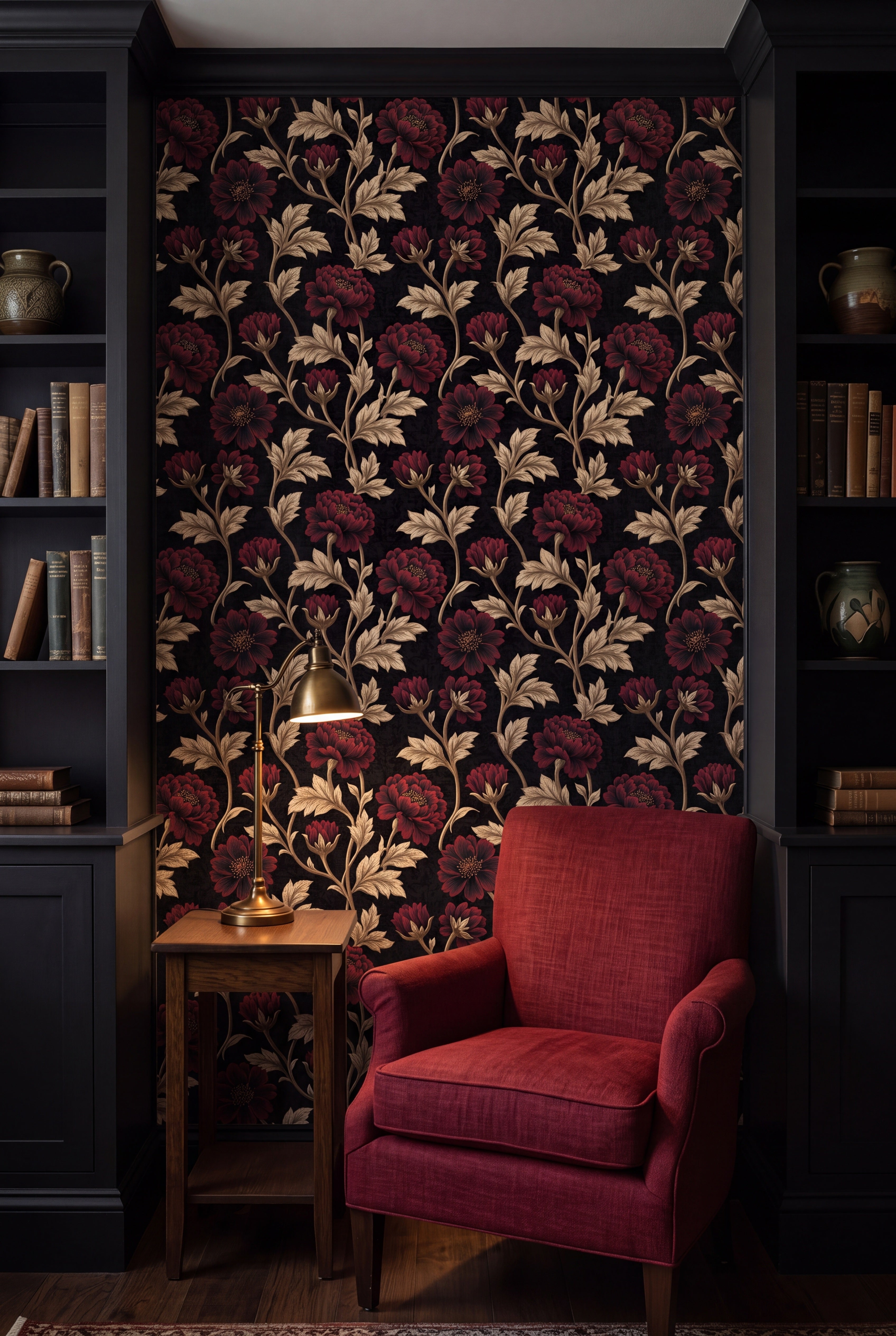 Gilded Peony wallpaper shown in a reading nook