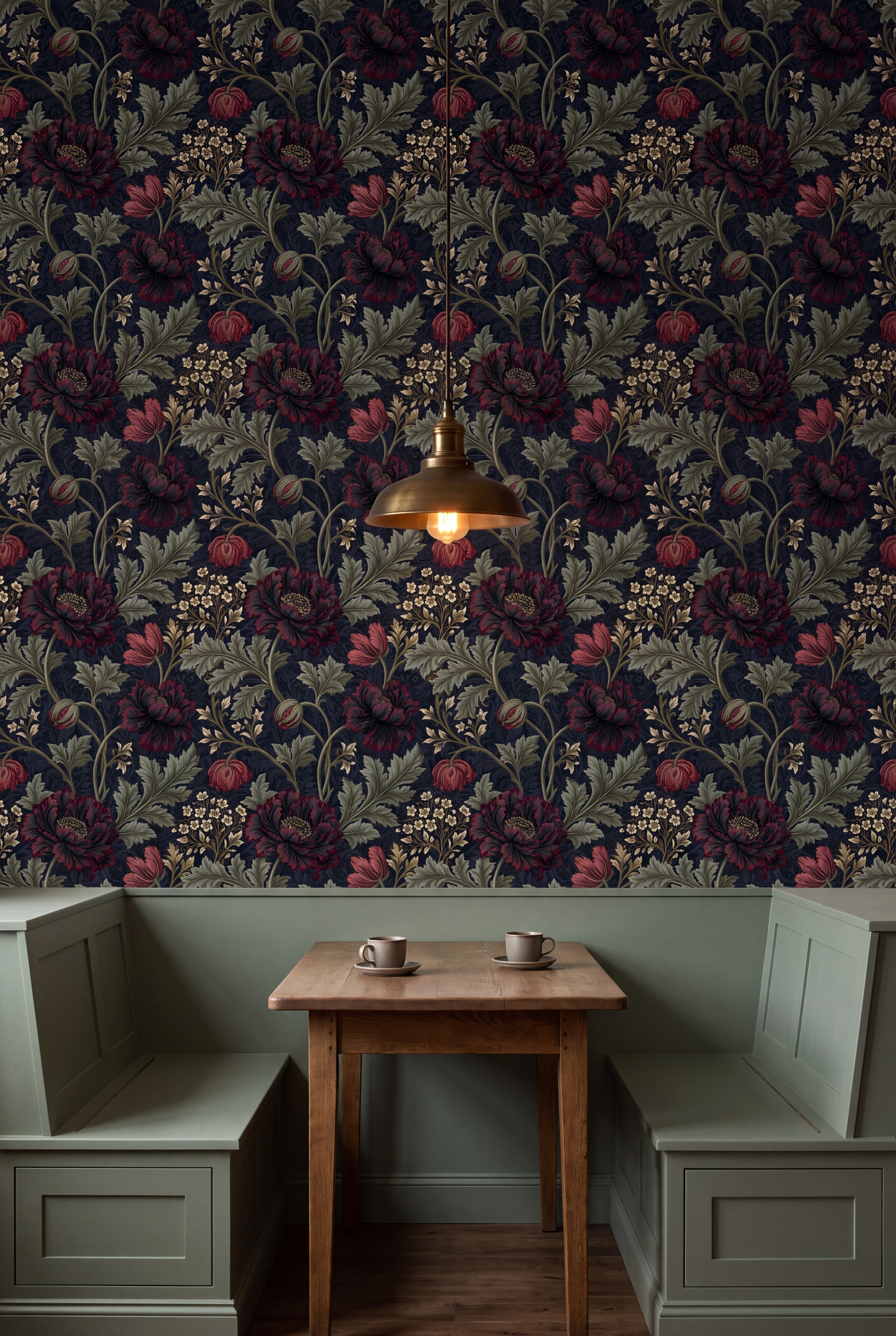 Nocturne Poppy wallpaper shown in a kitchen breakfast nook
