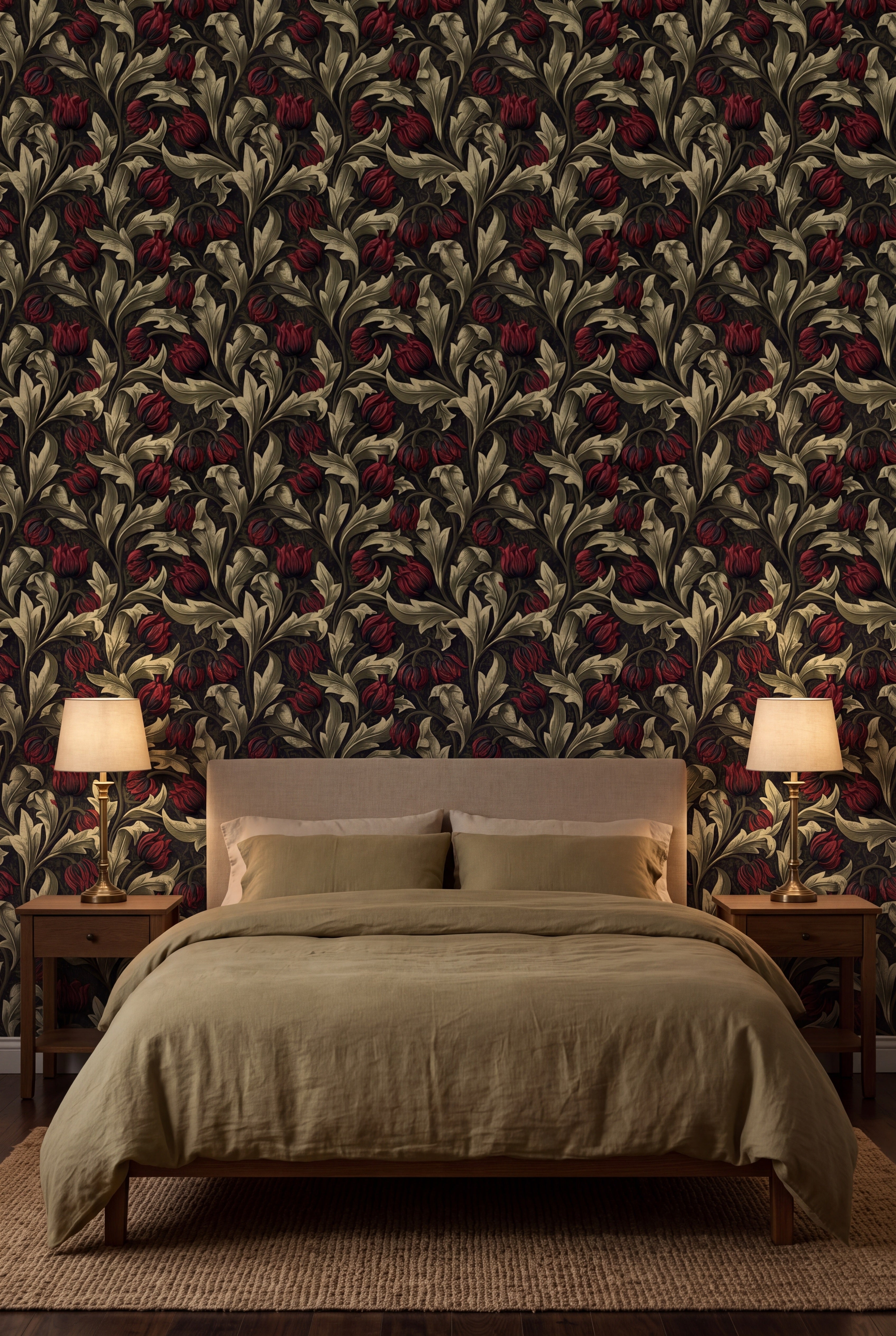 Shadow Tulip wallpaper shown in a bedroom