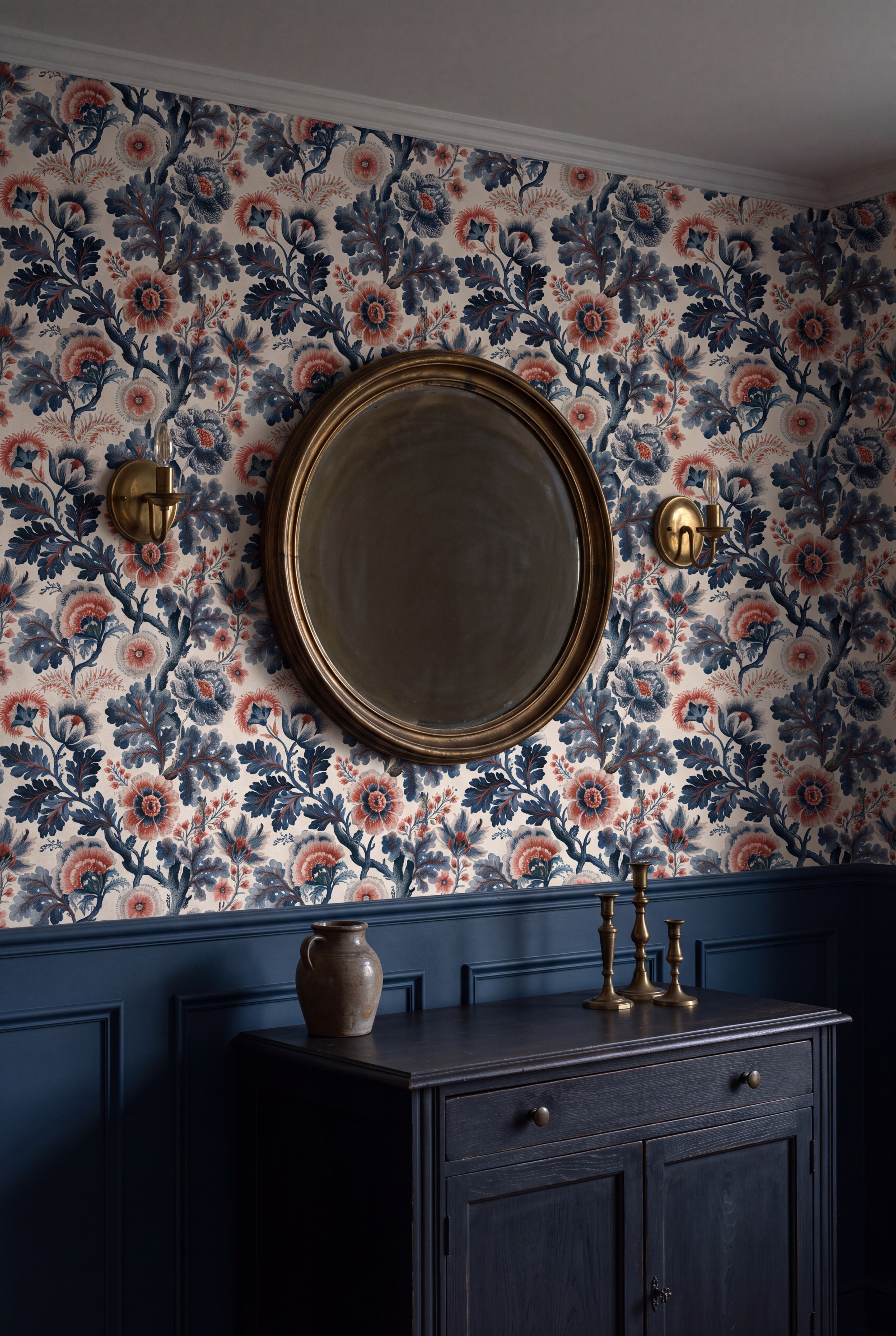 Jacobean Night wallpaper shown in a dining room