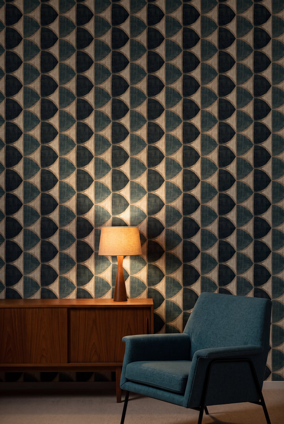 Verdigris Halfmoon wallpaper shown in a living room