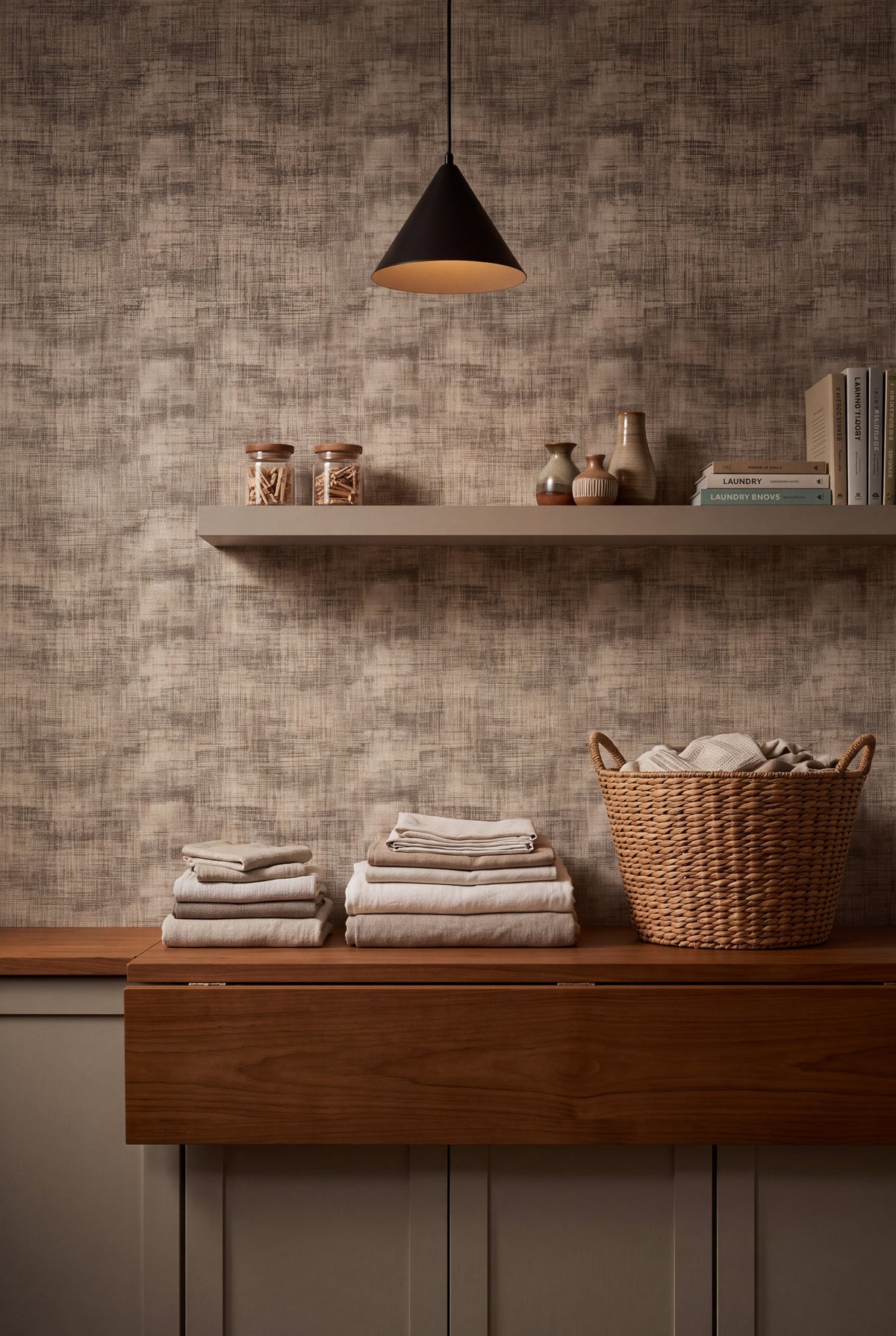 Plaster Drift wallpaper shown in a laundry room
