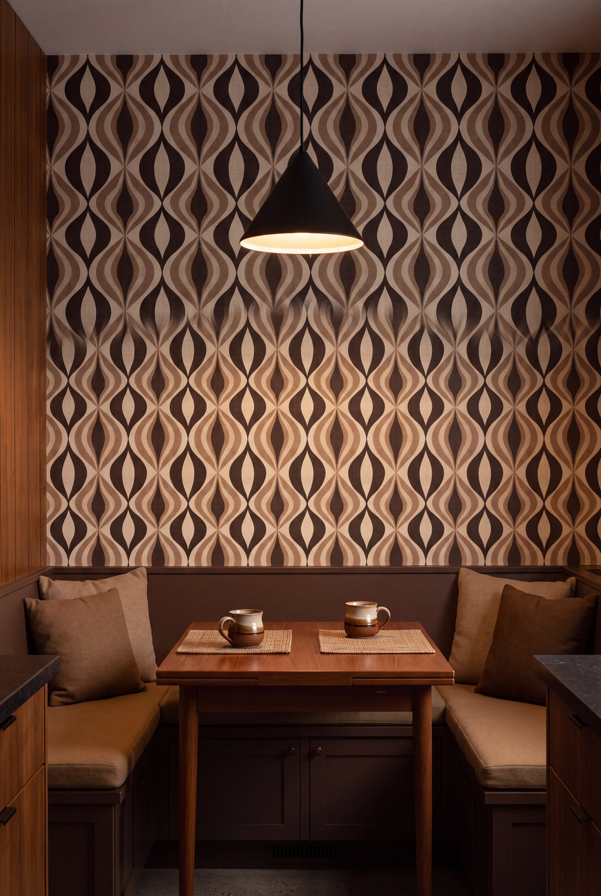 Cocoa Marquise wallpaper shown in a kitchen breakfast nook