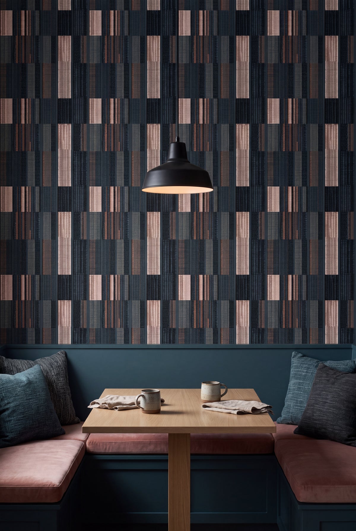Cinder Ticking wallpaper shown in a kitchen breakfast nook