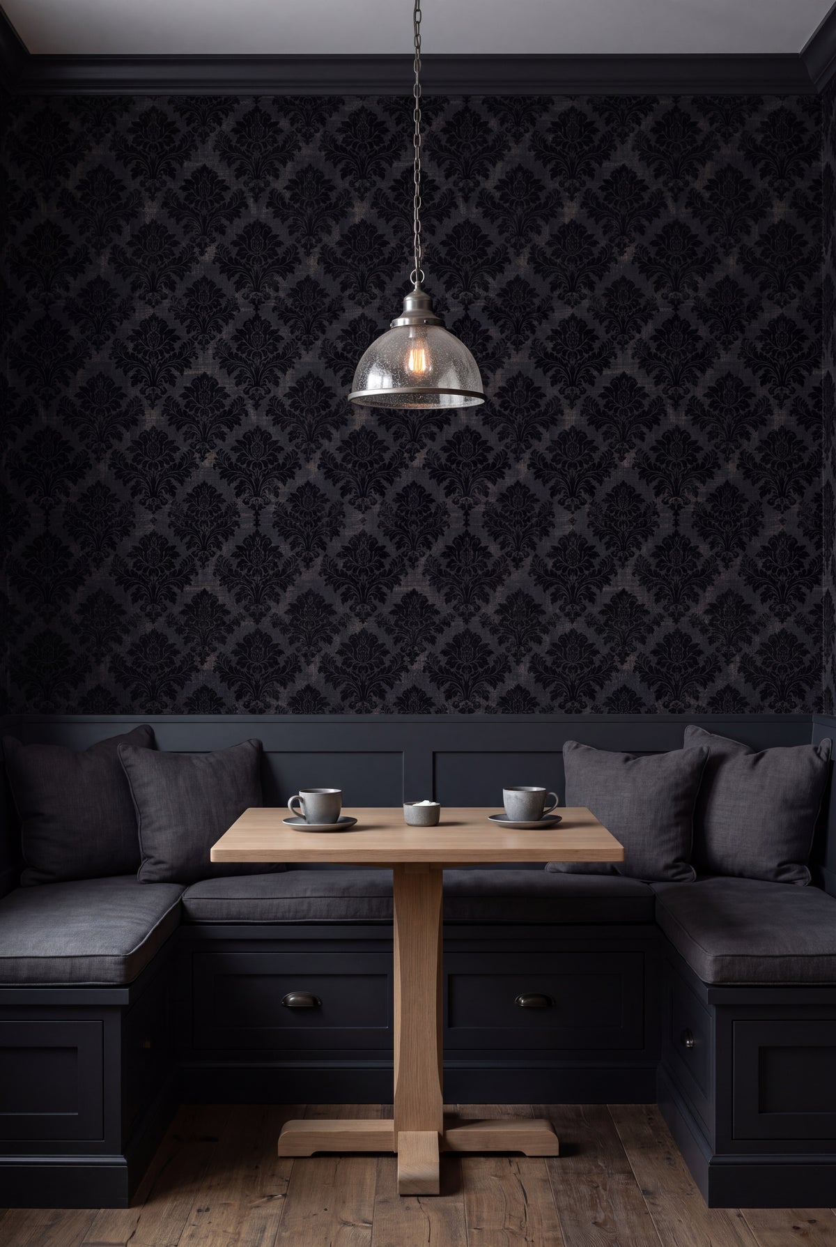 Obsidian Damask wallpaper shown in a kitchen breakfast nook