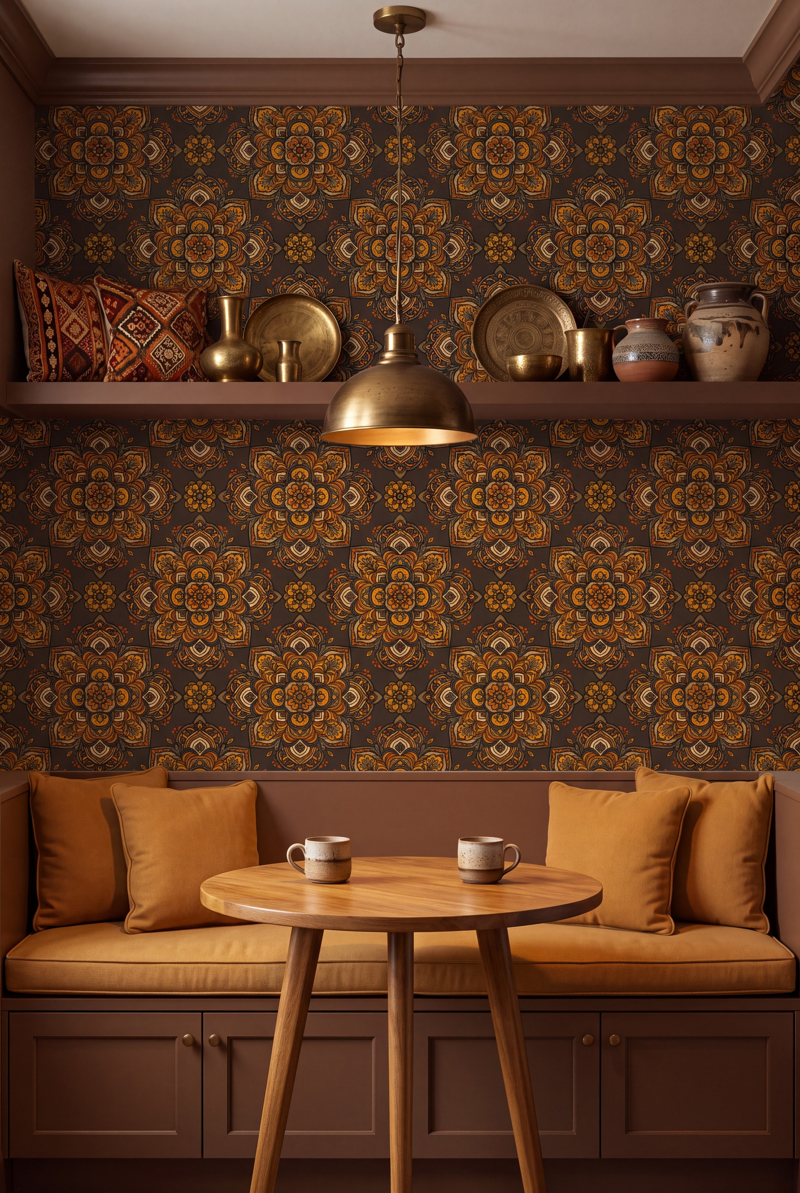 Marrakesh Medallion wallpaper shown in a kitchen breakfast nook