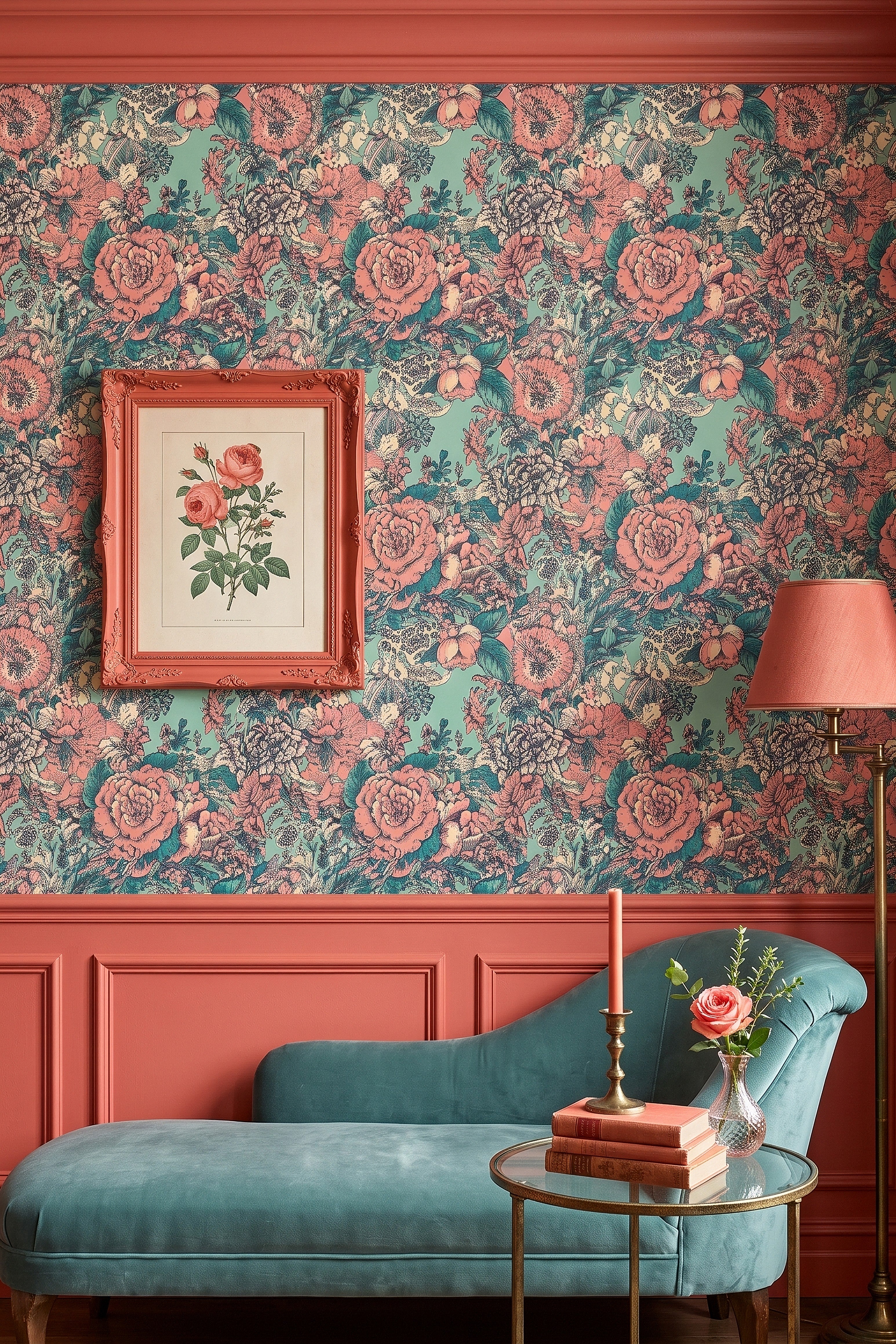 Coral Toile wallpaper shown in a living room
