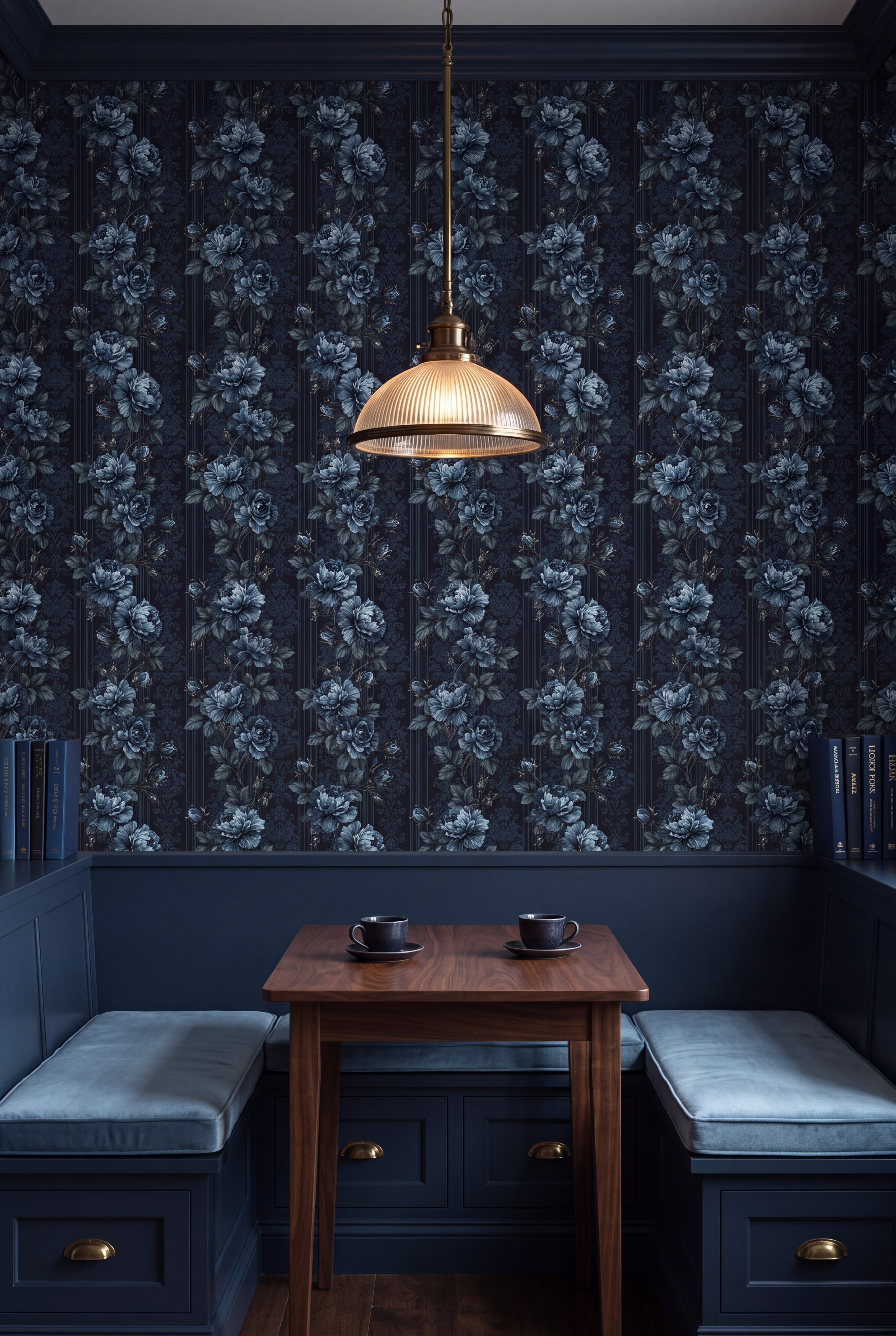 Midnight Rose wallpaper shown in a kitchen breakfast nook