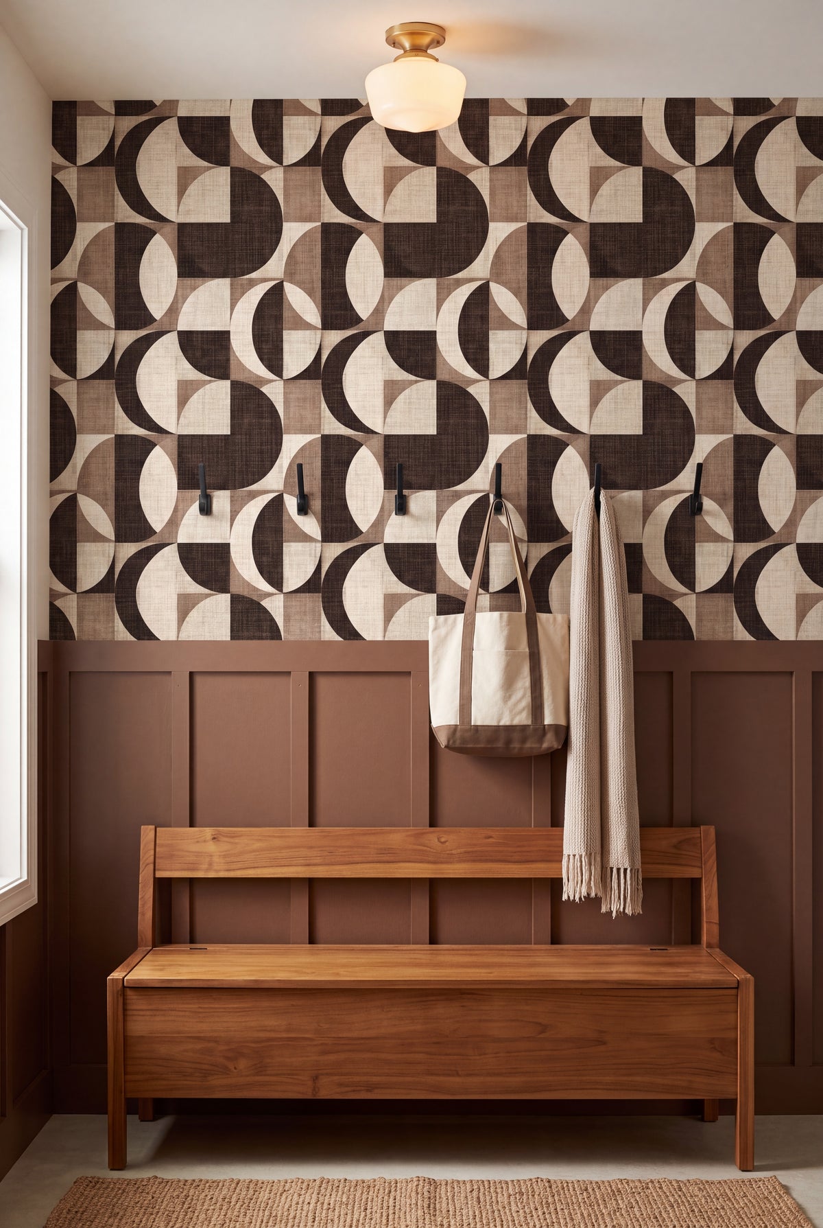 Cocoa Eclipse wallpaper shown in a mudroom