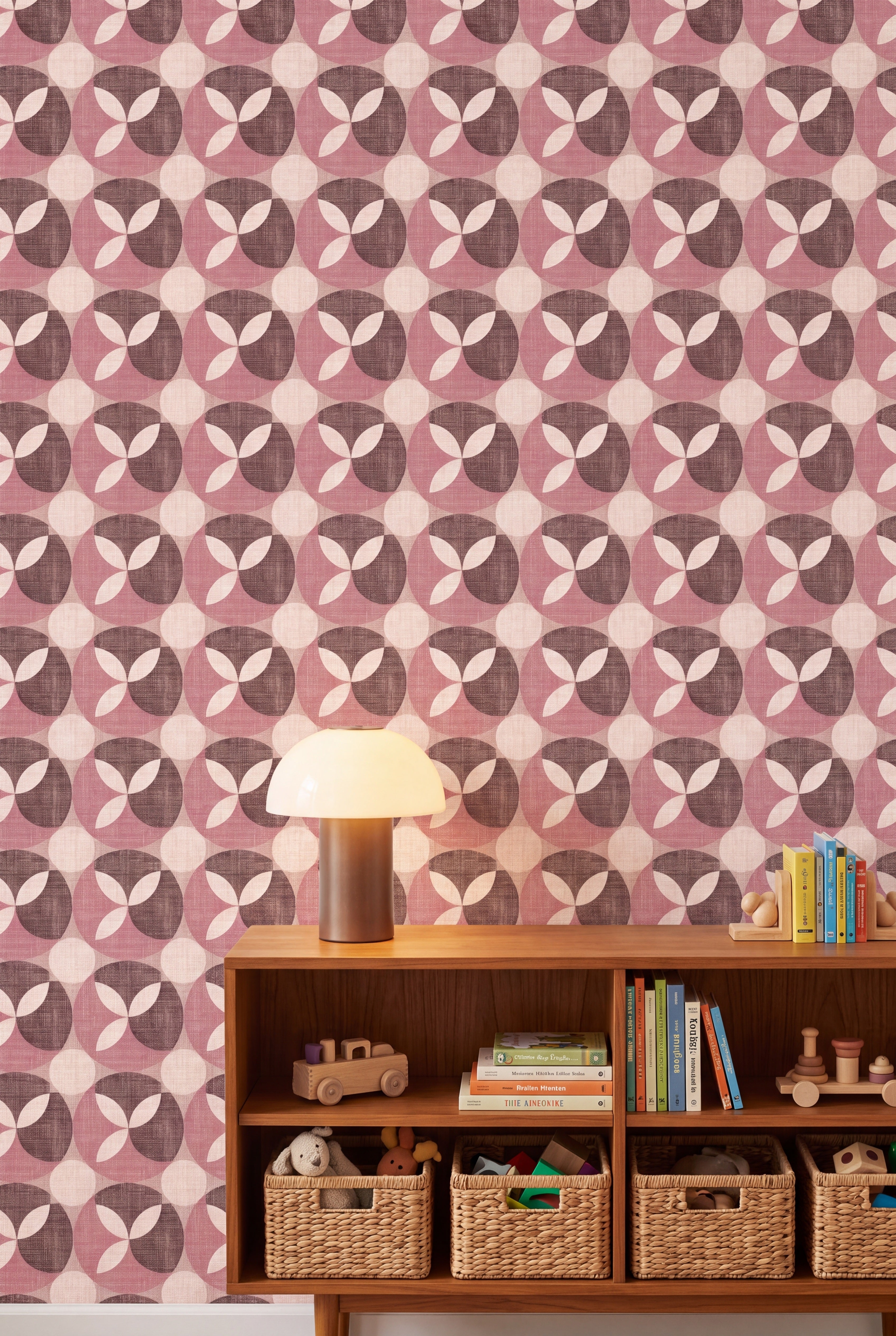 Rosewood Petal wallpaper shown in a kids room