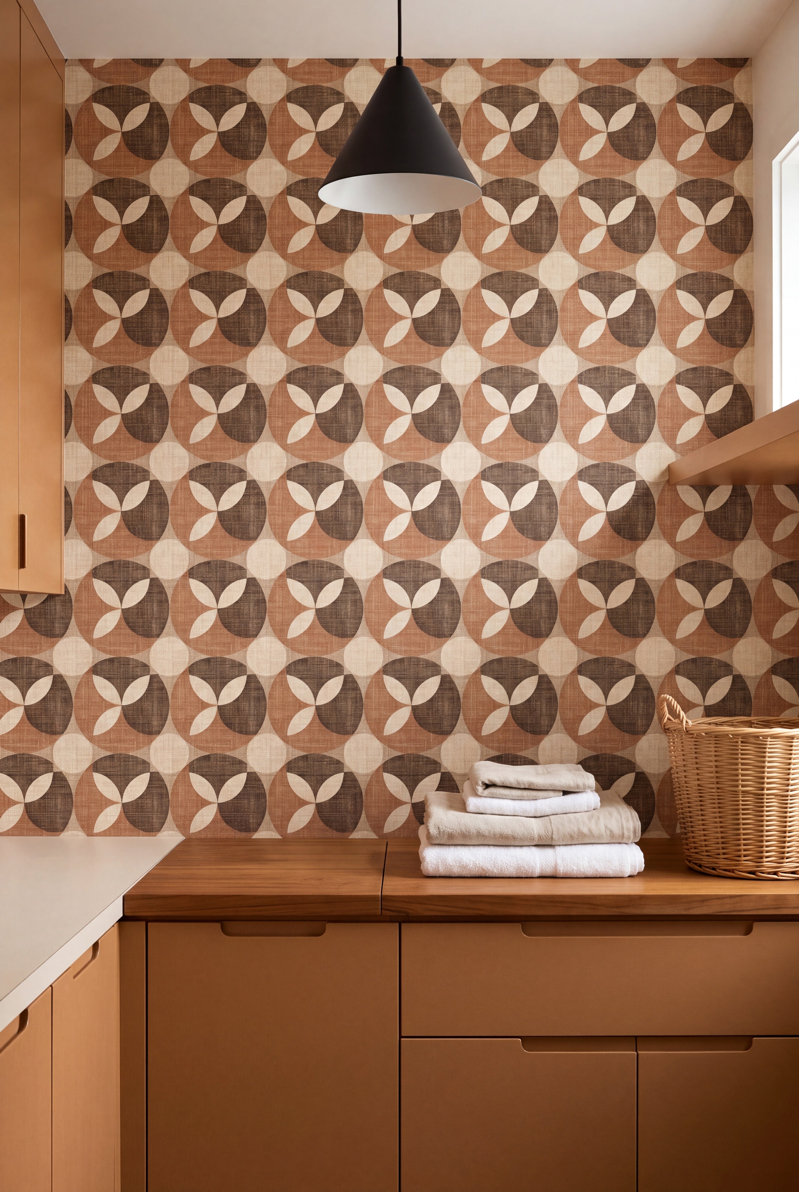 Caramel Petal wallpaper shown in a laundry room