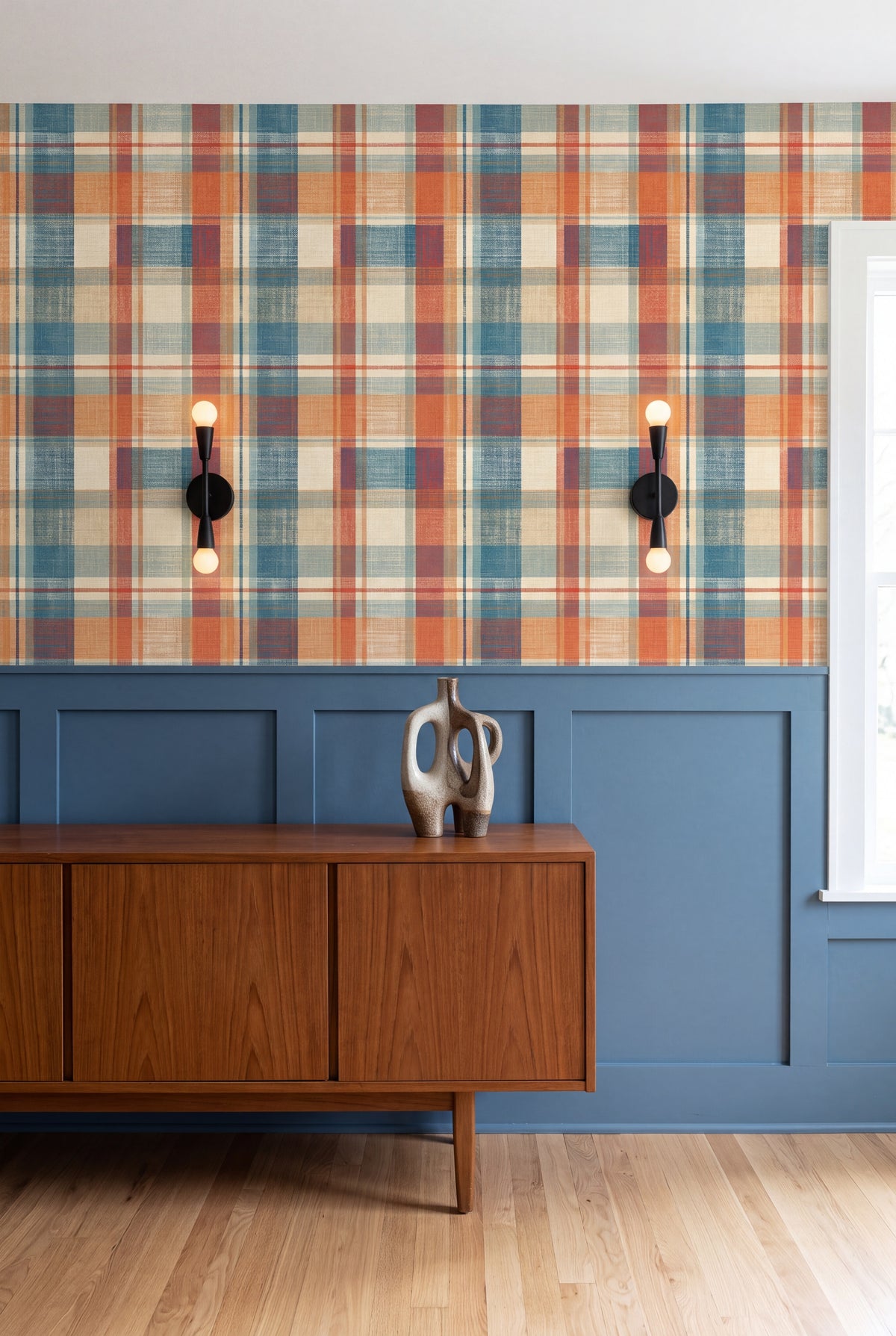 Camp Plaid wallpaper shown in a dining room