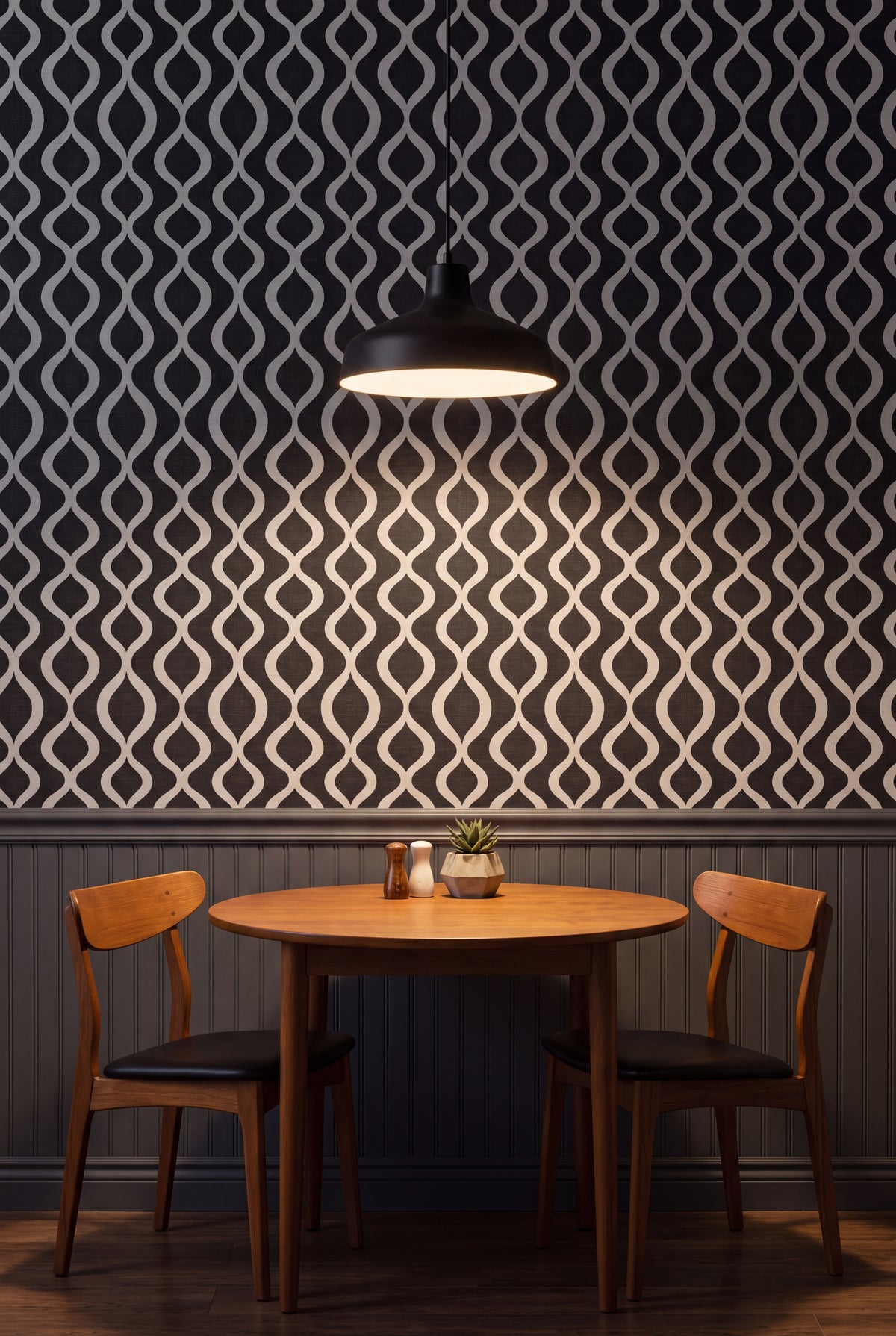 Onyx Pendulum wallpaper shown in a kitchen breakfast nook