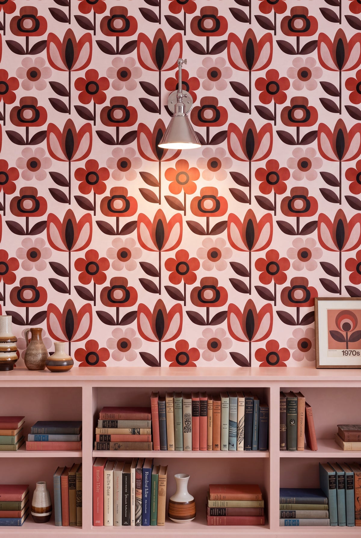 Scarlet Daisy wallpaper shown in a library