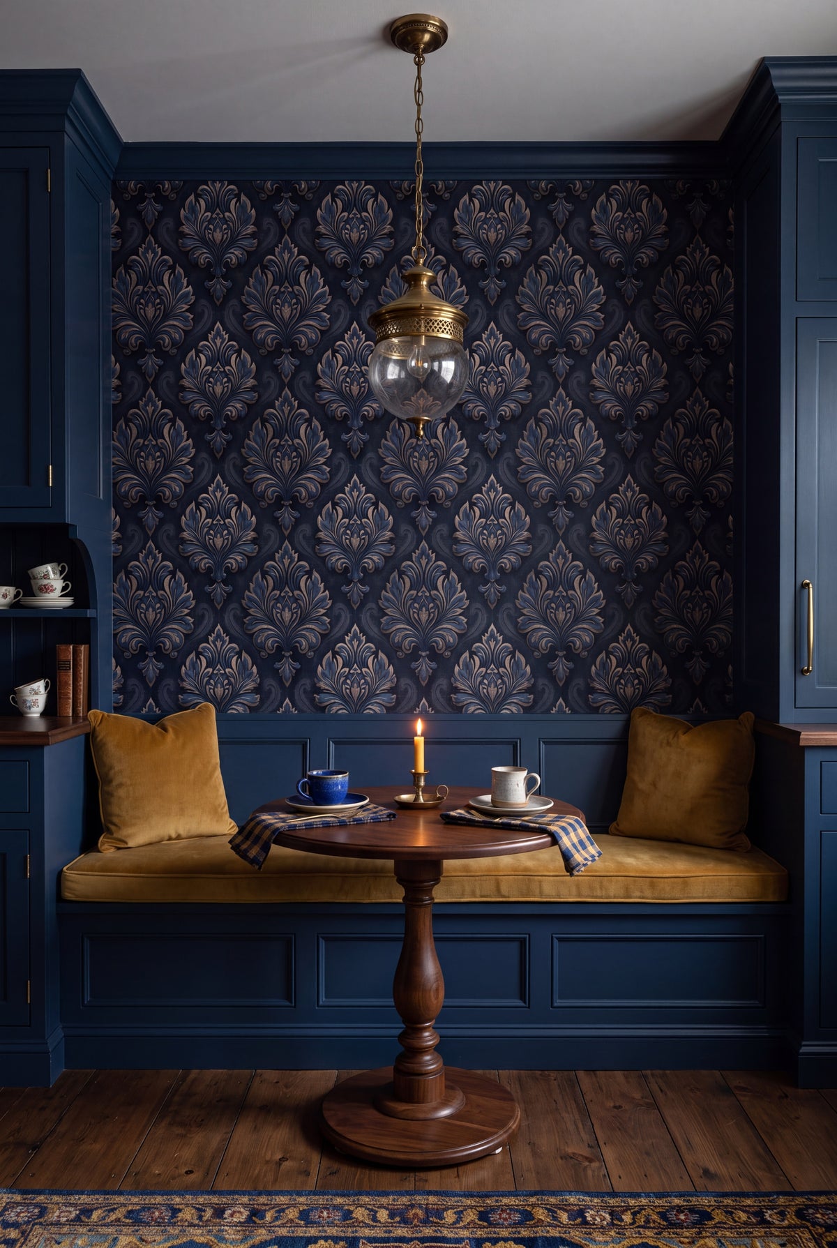 Sapphire Damask wallpaper shown in a kitchen breakfast nook