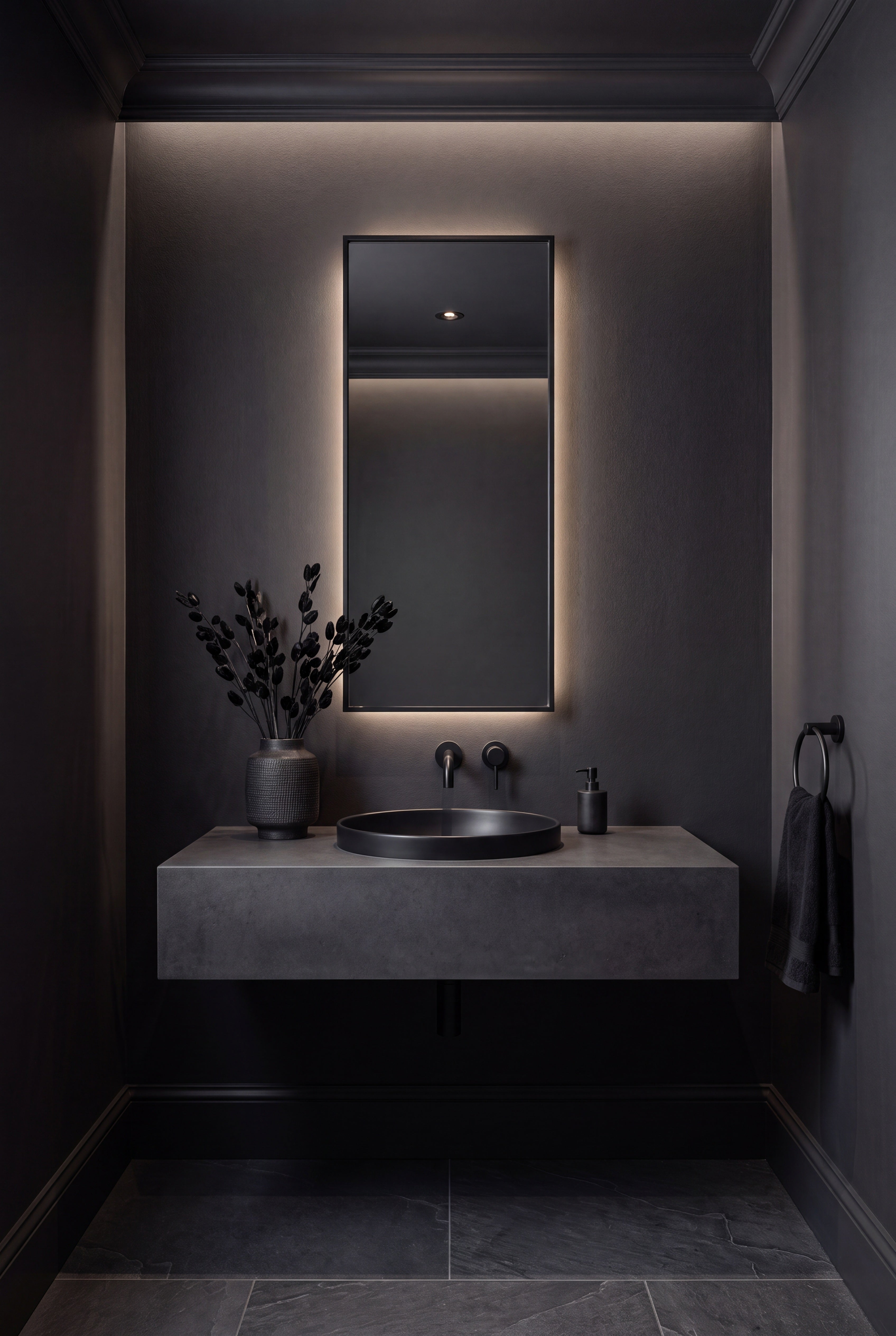 Ink Wash wallpaper shown in a powder room