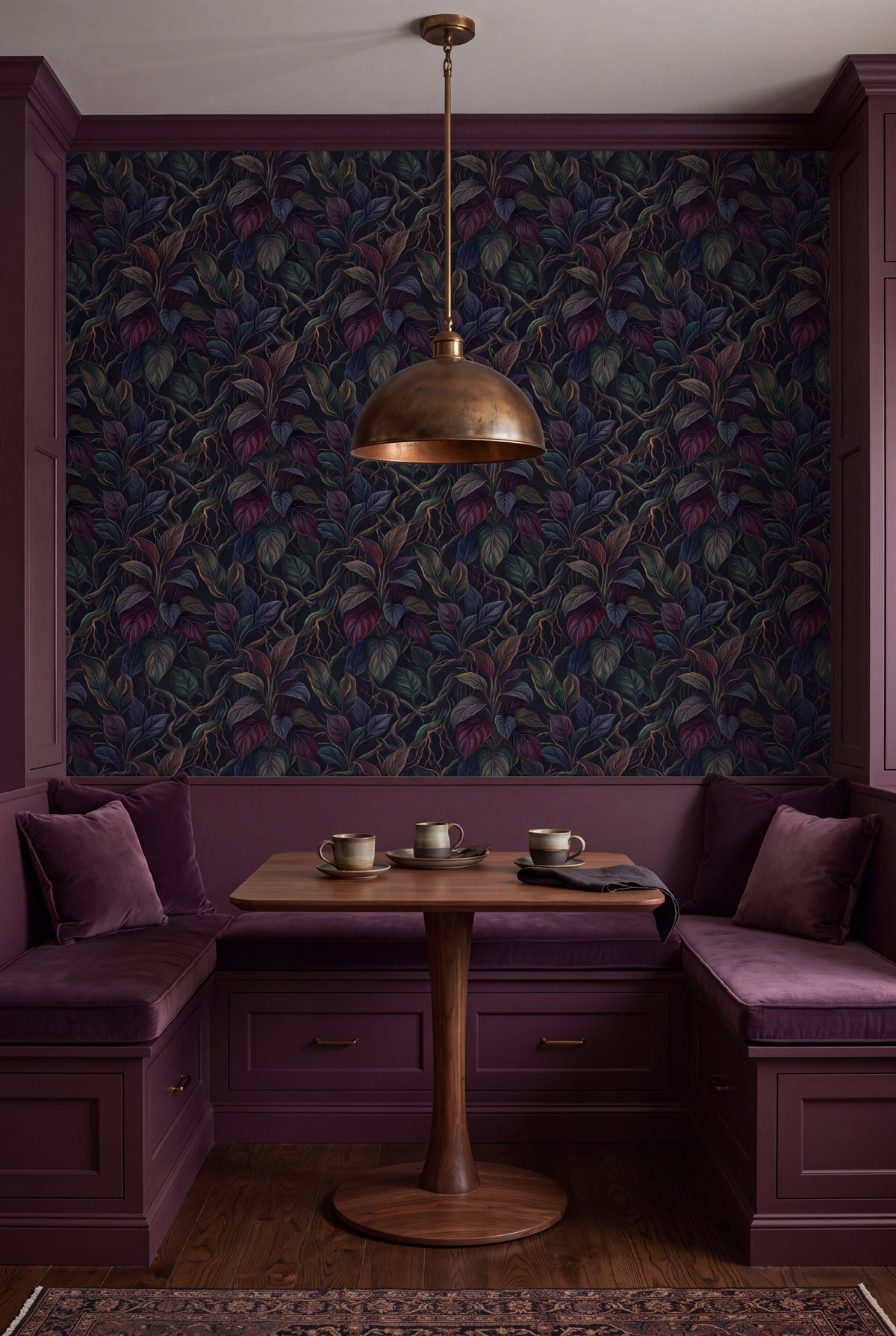 Nightvine wallpaper shown in a kitchen breakfast nook