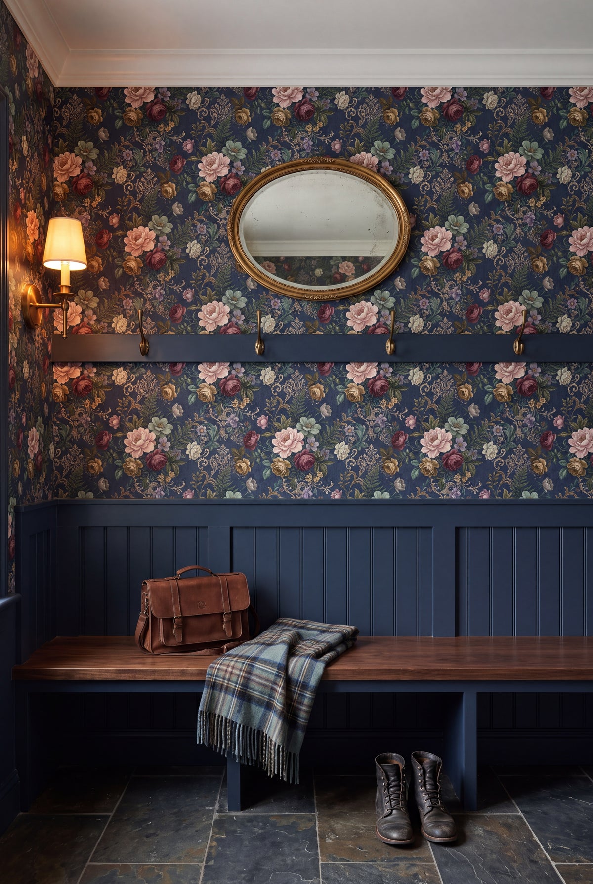 Indigo Chintz wallpaper shown in a mudroom