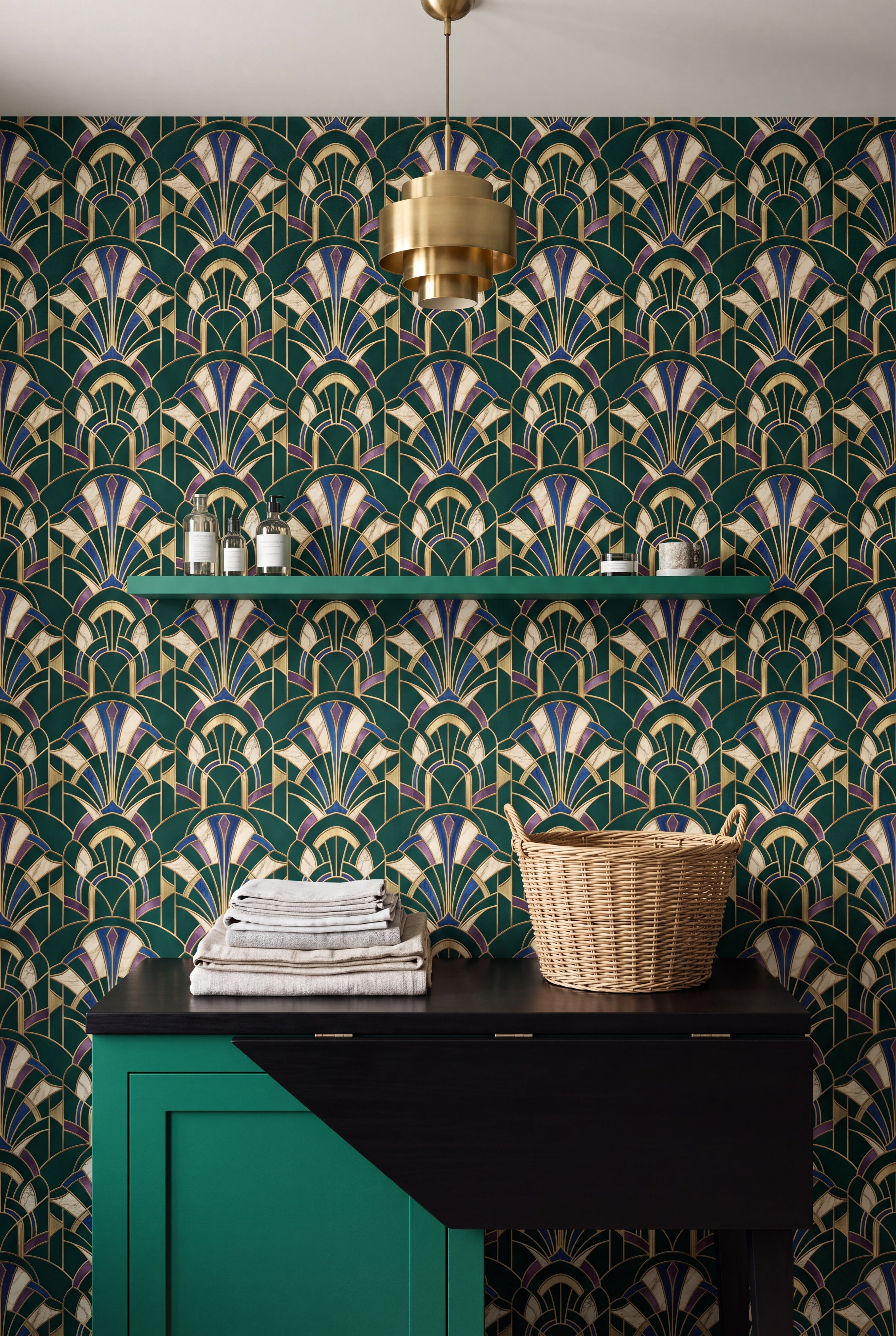 Malachite Arch wallpaper shown in a laundry room
