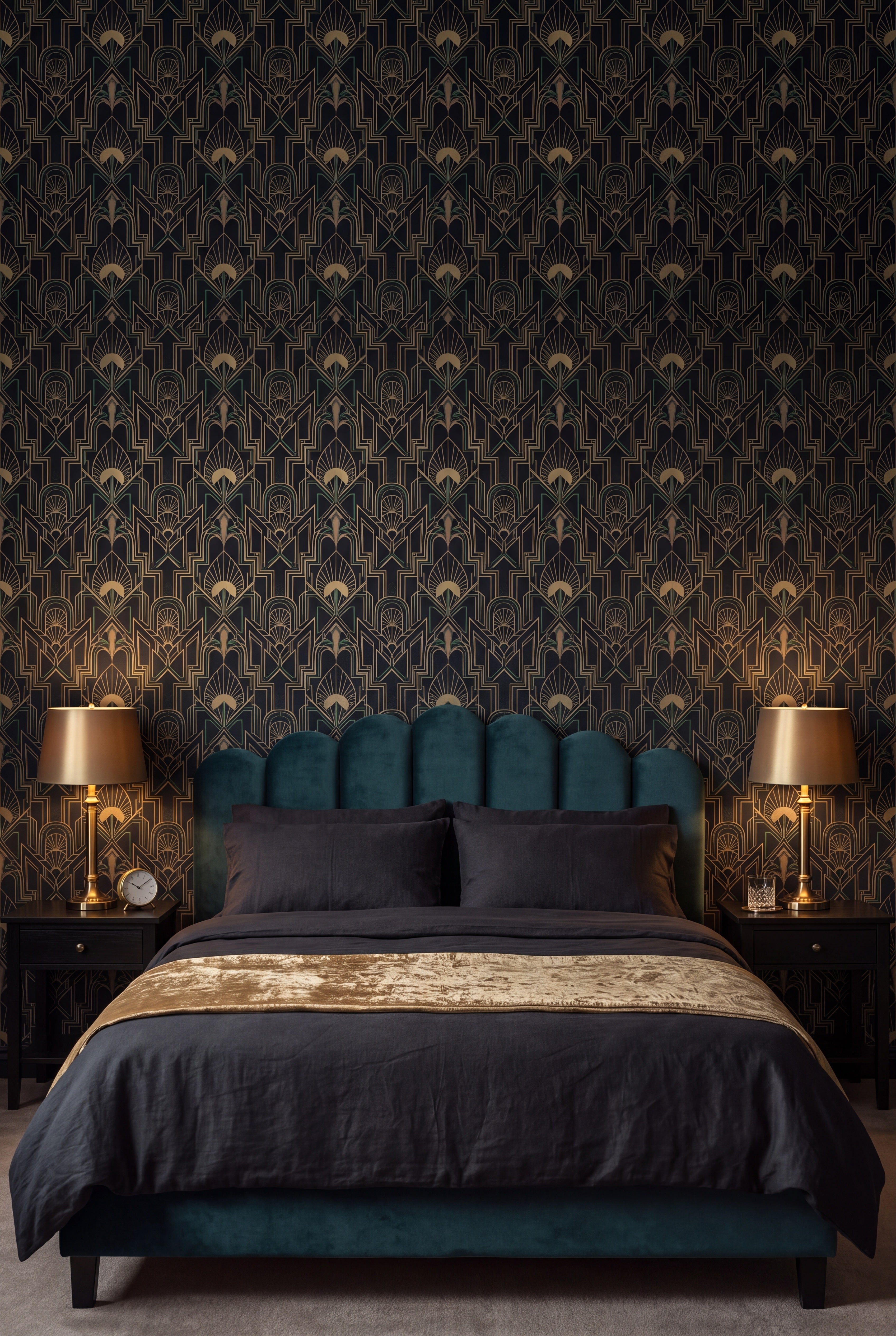 Gilt Nocturne wallpaper shown in a bedroom