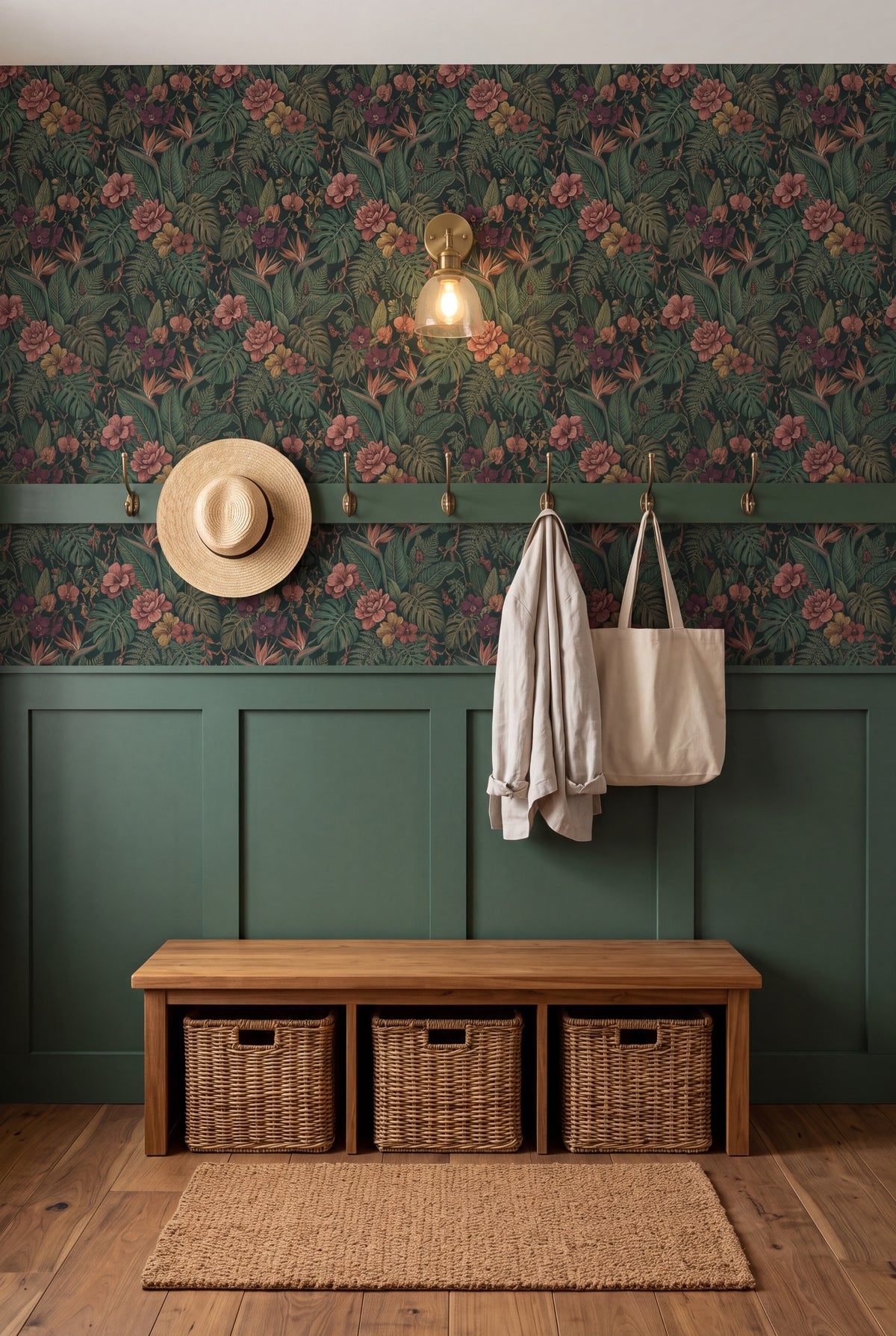 Jungle Bloom wallpaper shown in a mudroom