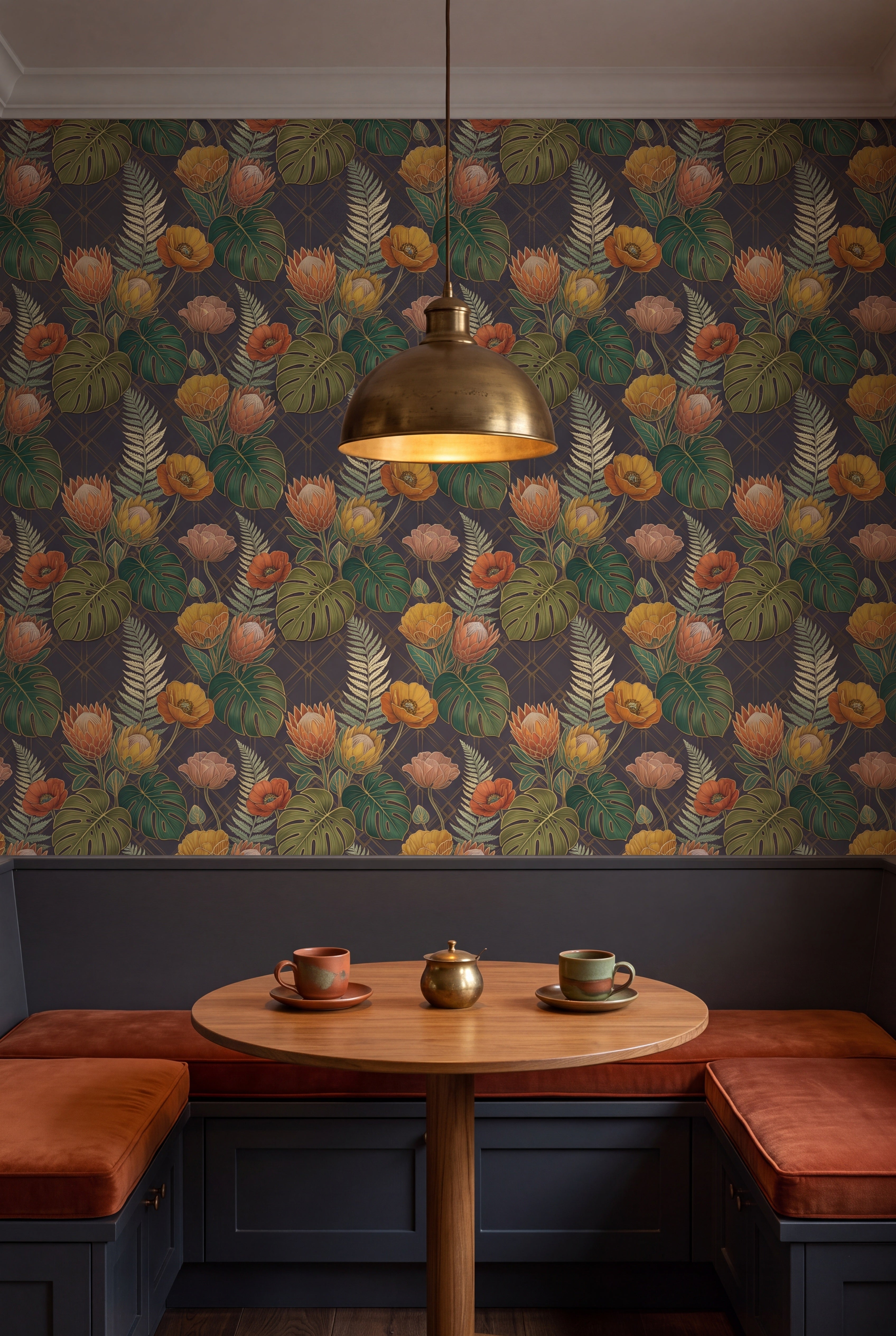 Protea Nocturne wallpaper shown in a kitchen breakfast nook