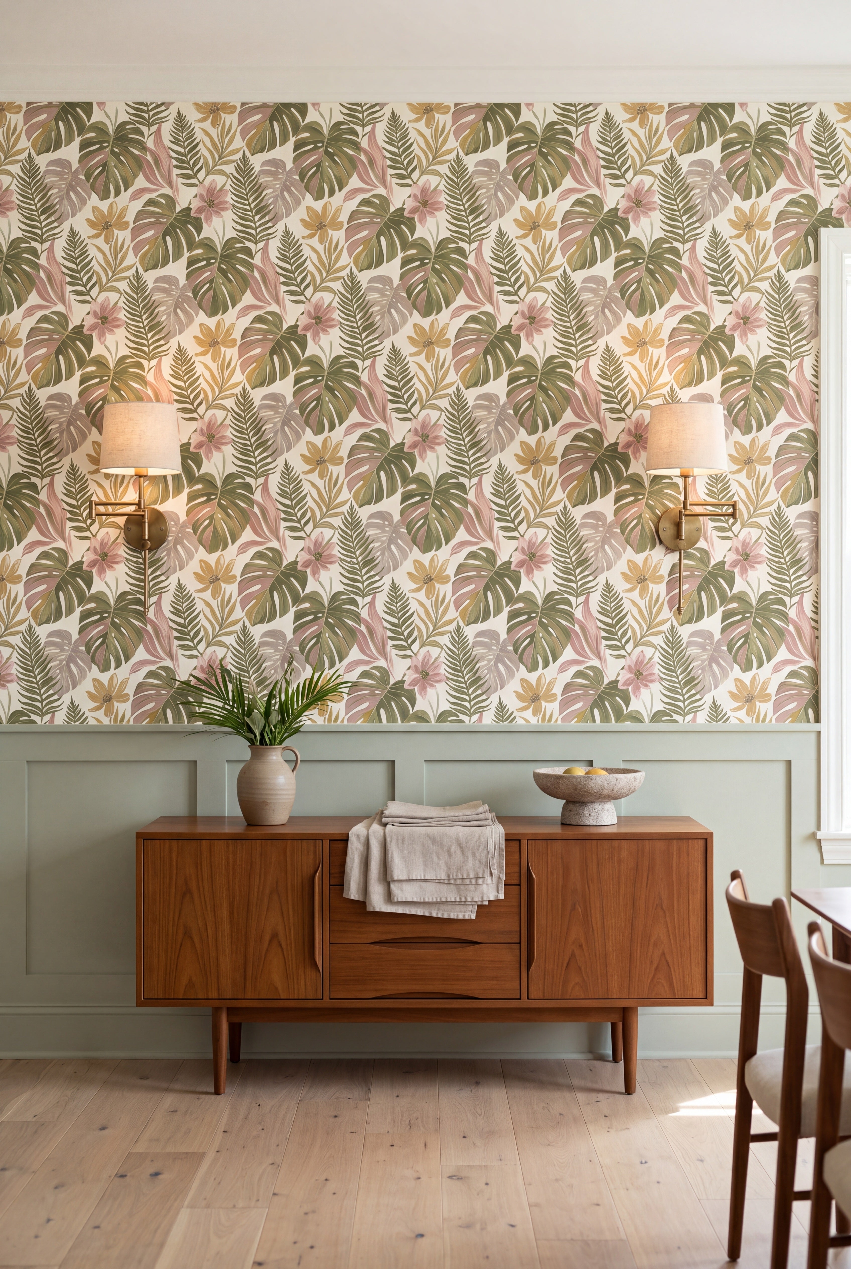 Fernwood Blush wallpaper shown in a dining room