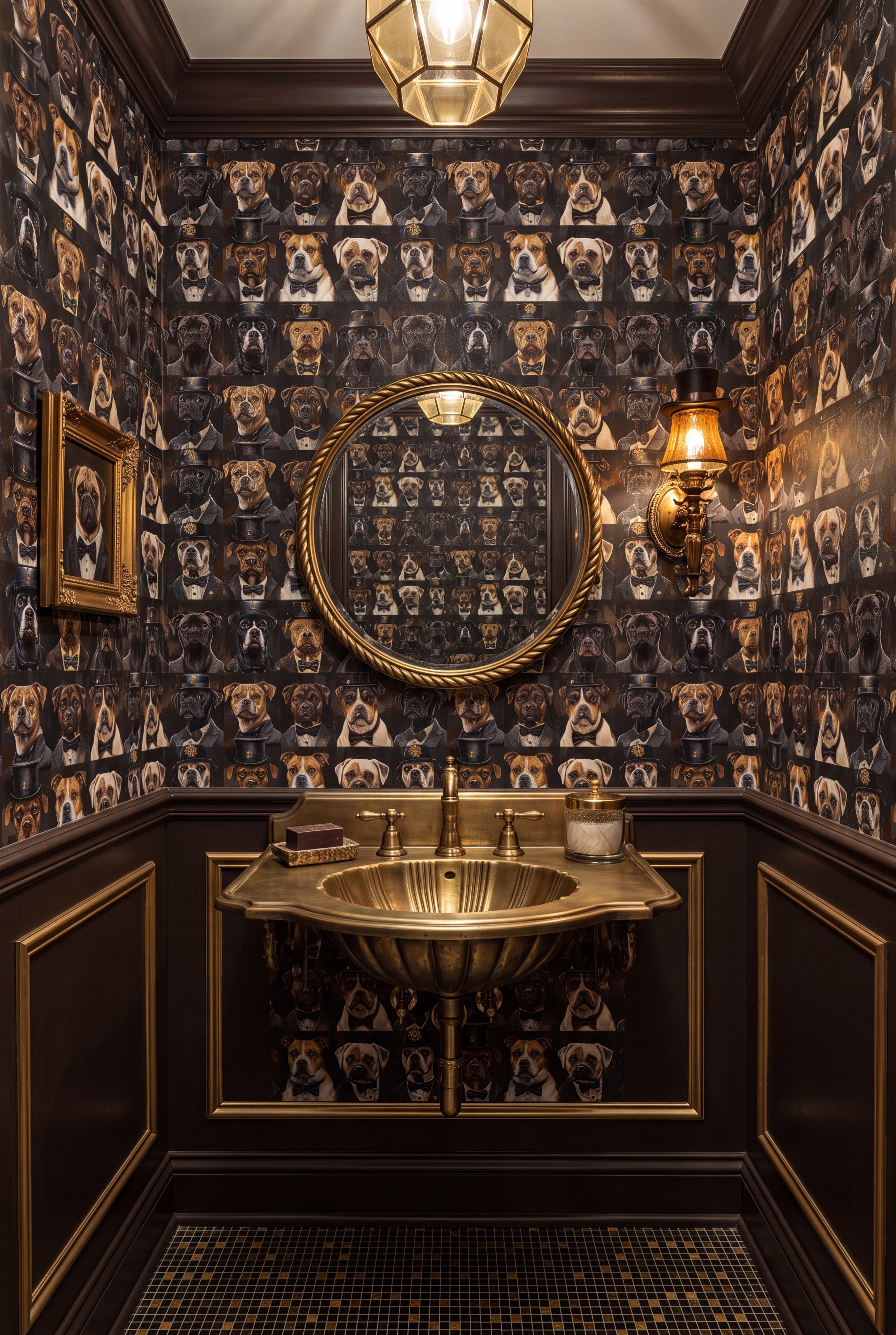 Good Boy Noir wallpaper shown in a powder room