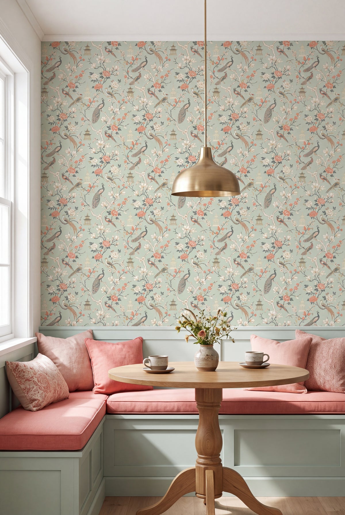 Celadon Aviary wallpaper shown in a kitchen breakfast nook