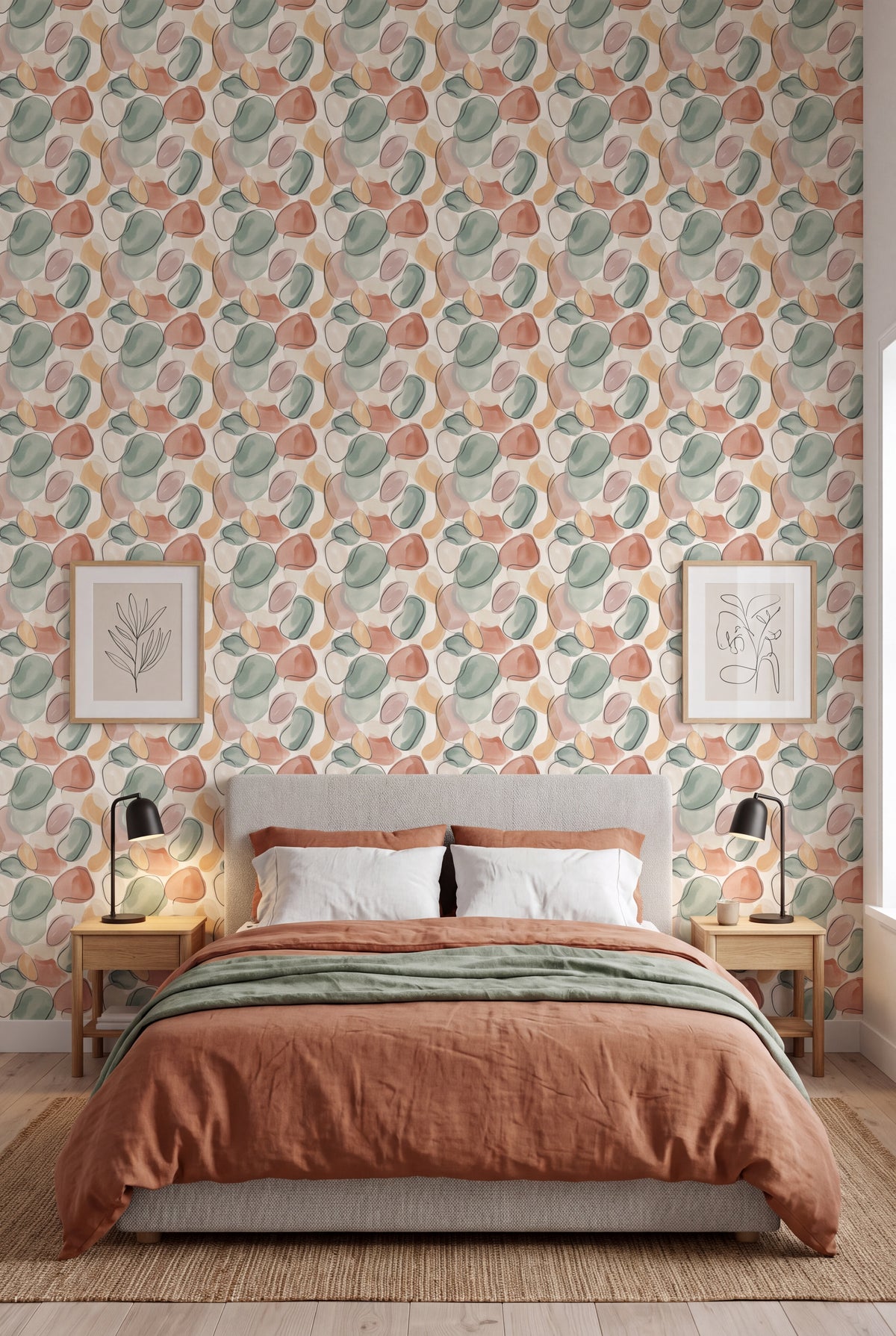 River Pebble wallpaper shown in a bedroom