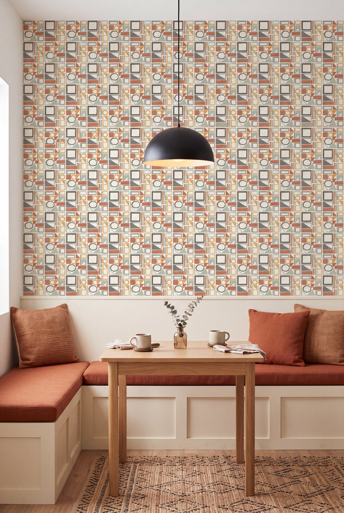 Blockwork wallpaper shown in a kitchen breakfast nook