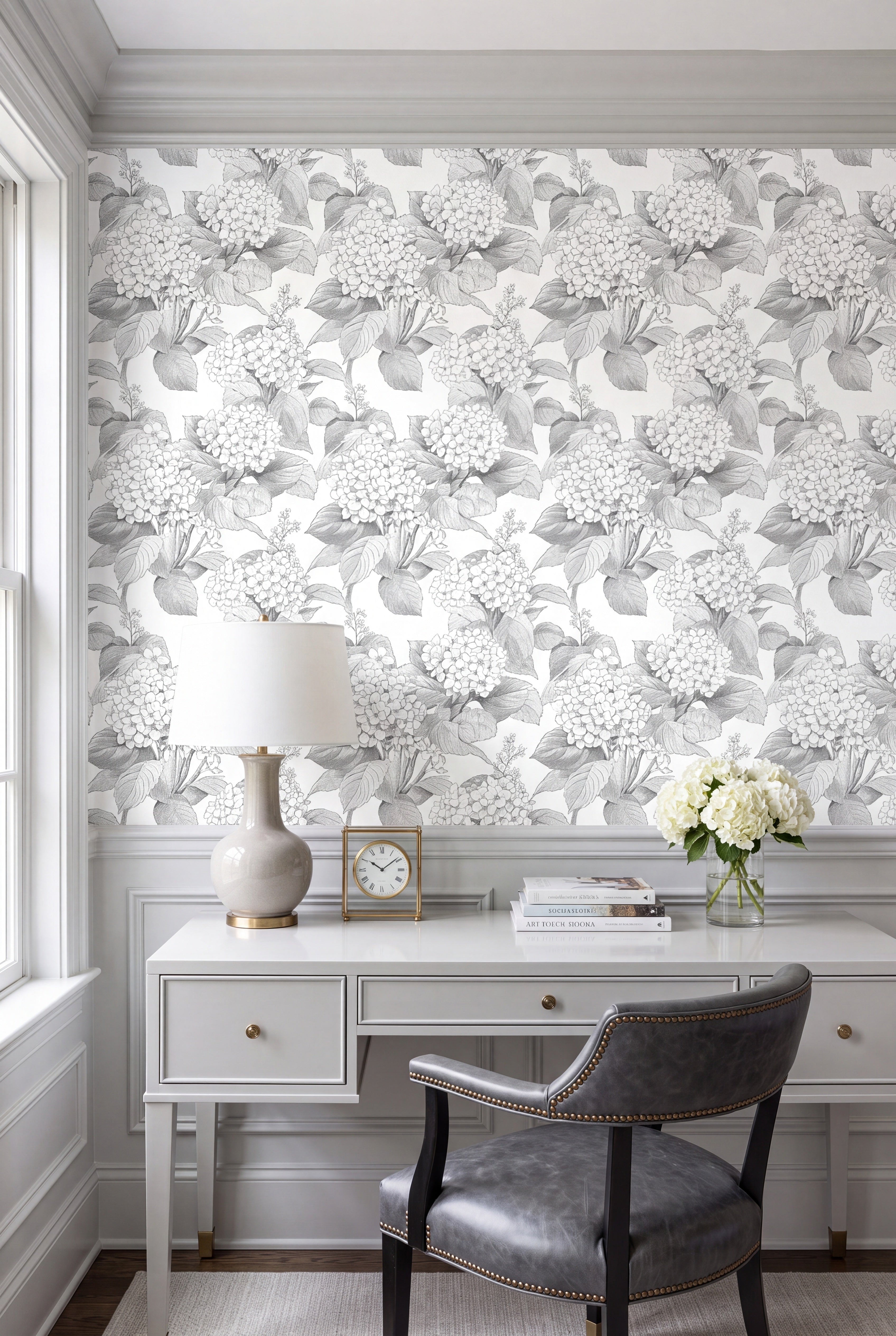Ink Hydrangea wallpaper shown in a home office