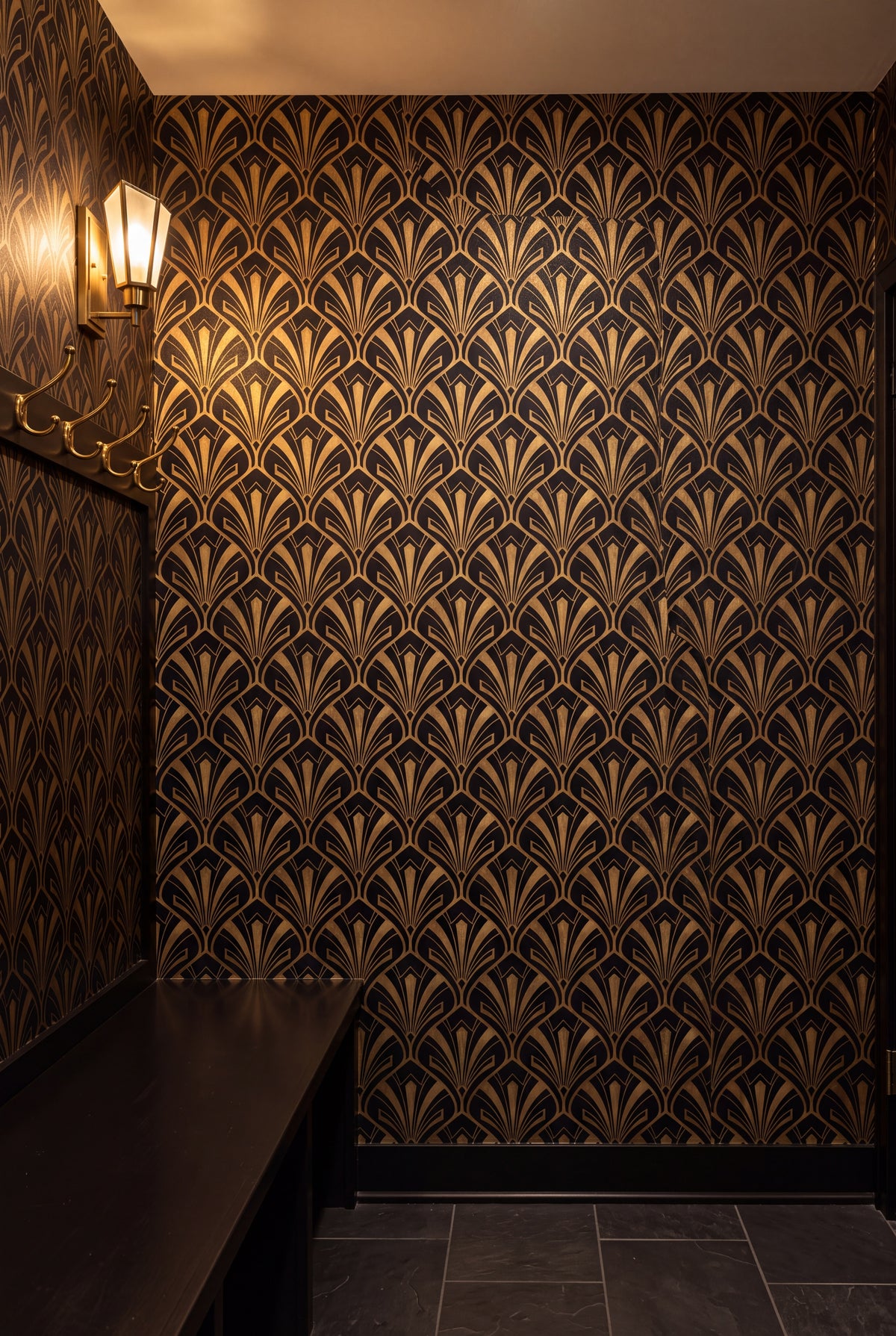 Onyx Plume wallpaper shown in a mudroom