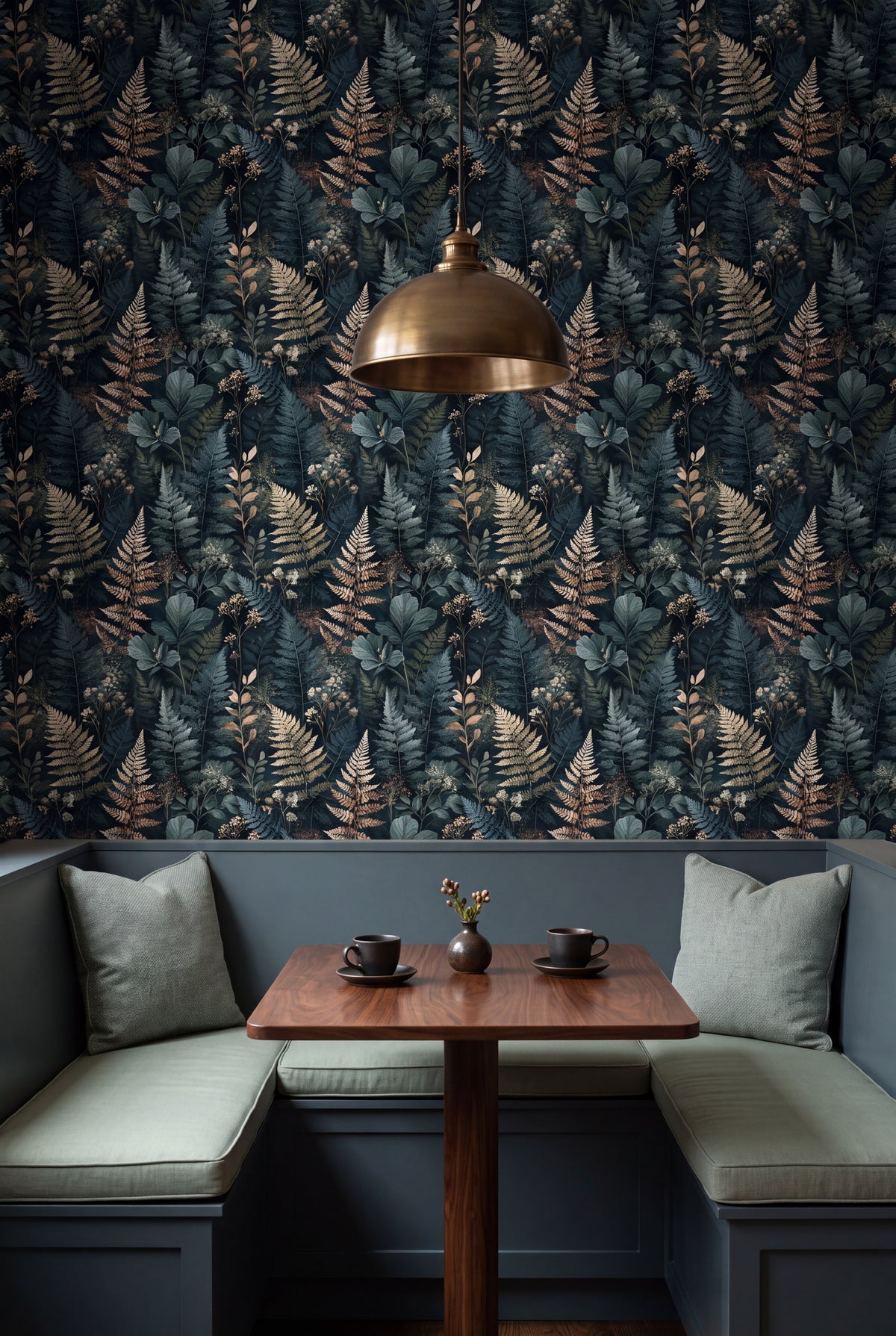 Frosted Fernery wallpaper shown in a kitchen breakfast nook