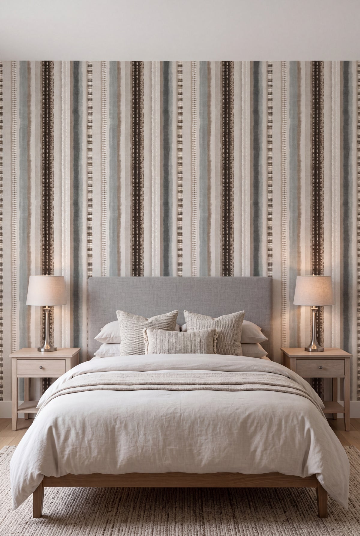 Sage Ticking wallpaper shown in a bedroom
